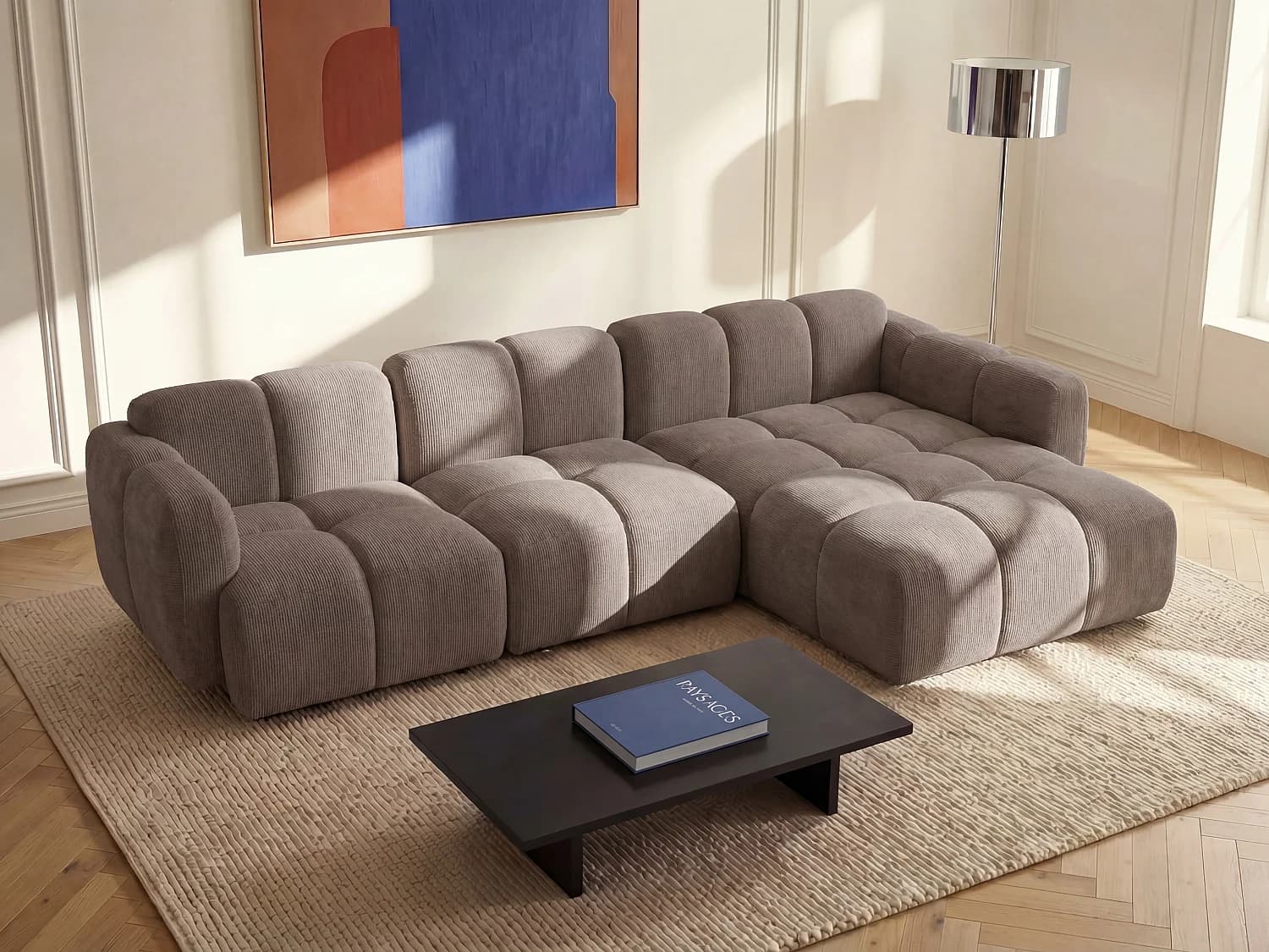 Canapé d'angle droit modulable en tissu texturé taupe CARLIVI