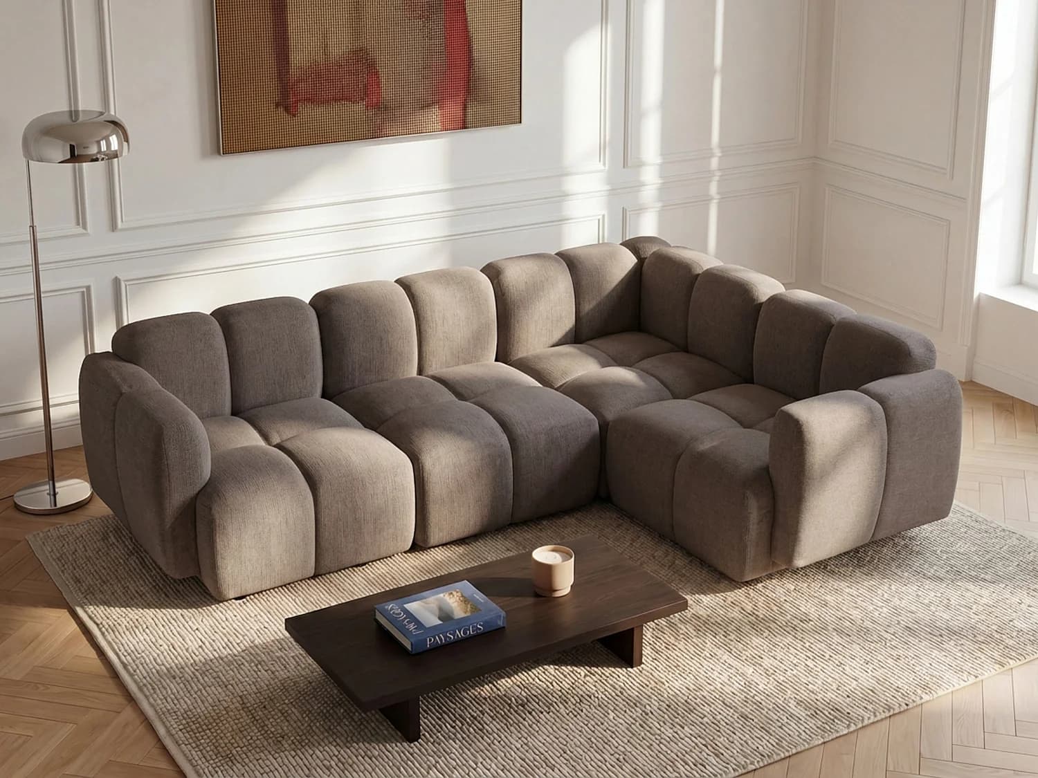 Canapé d'angle modulable avec dossier en tissu texturé taupe CARLIVI