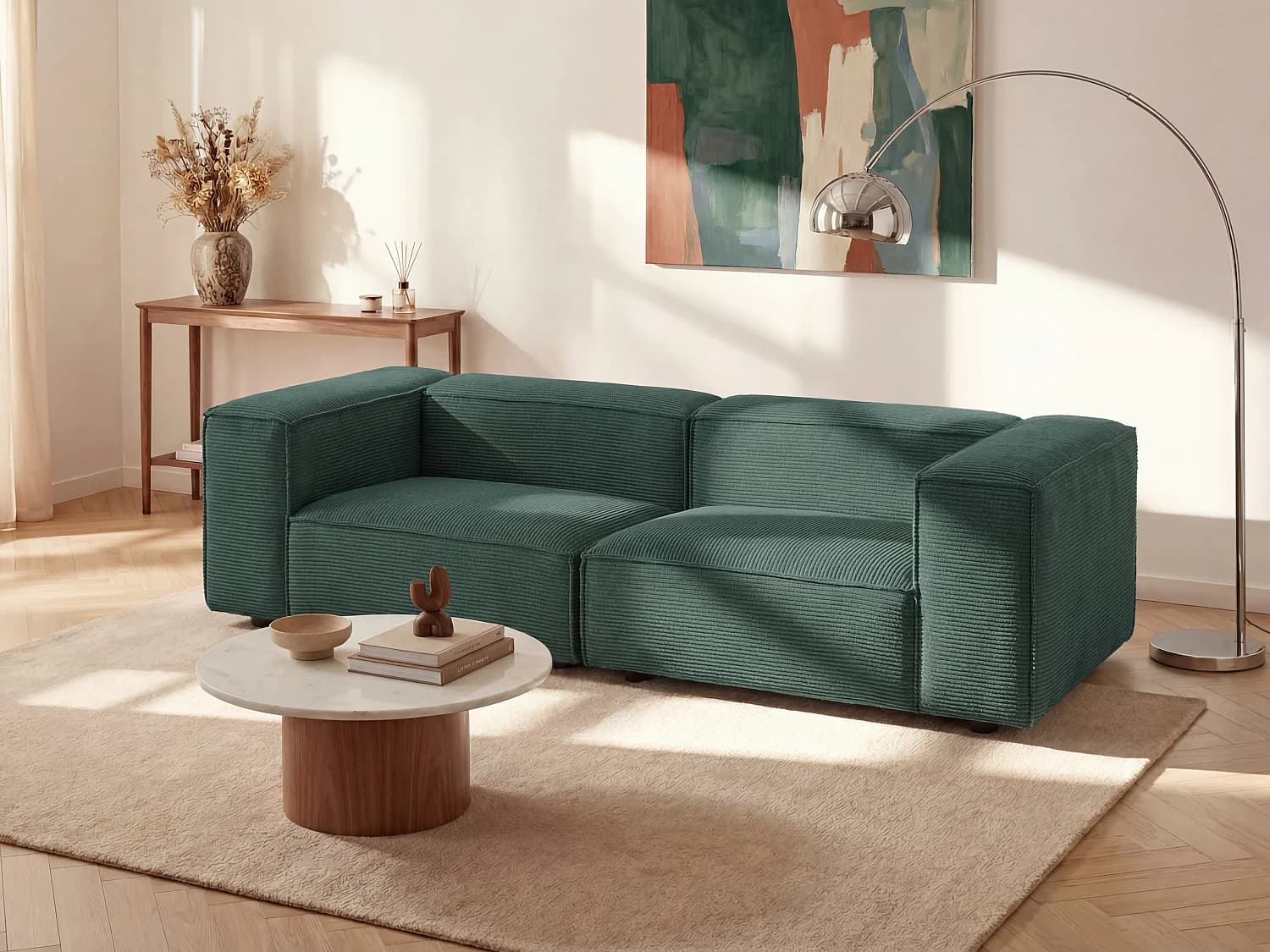 Canapé 3 places modulable en velours côtelé vert RUZOLO