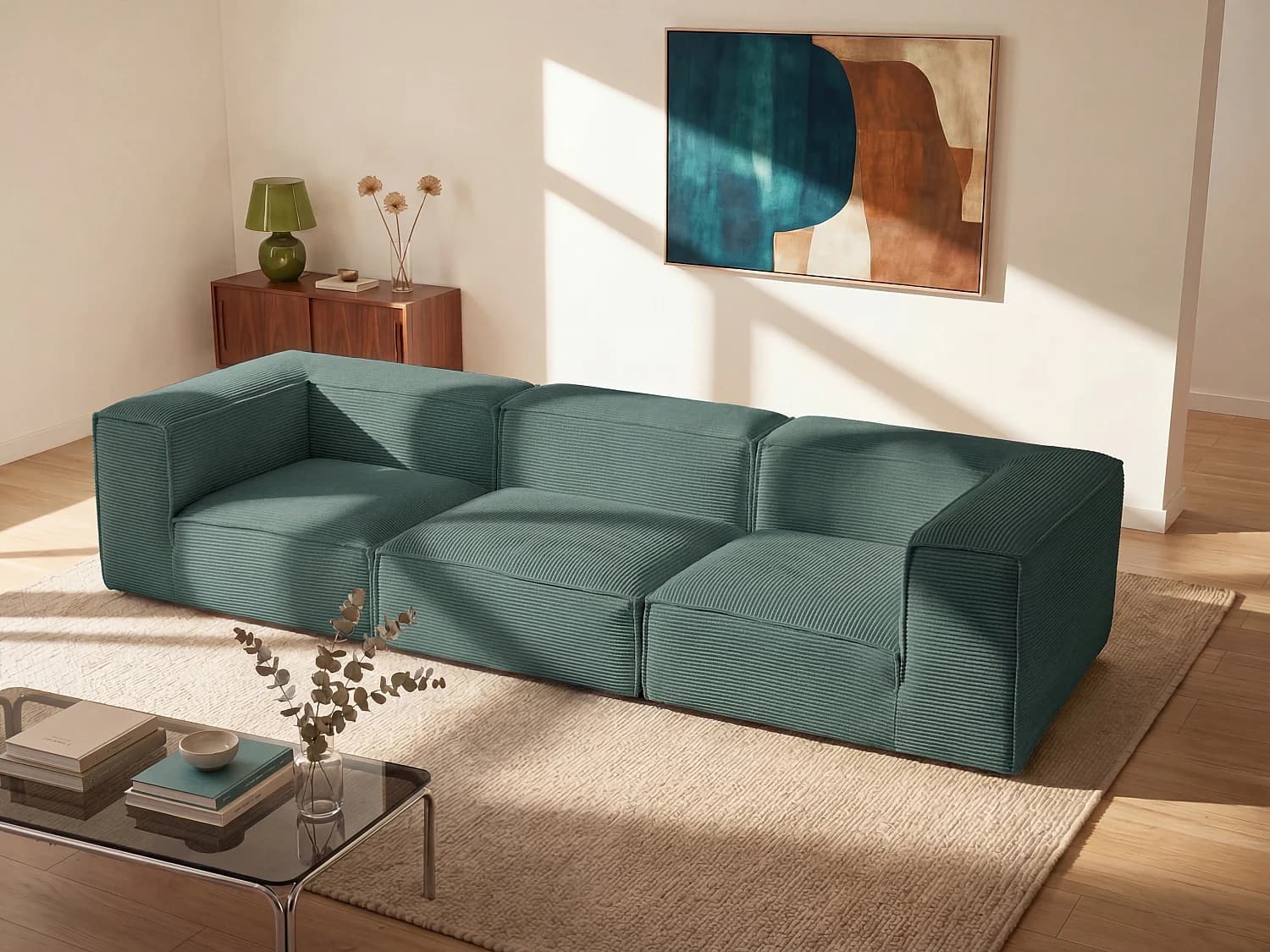 Canapé 4 places modulable en velours côtelé vert RUZOLO