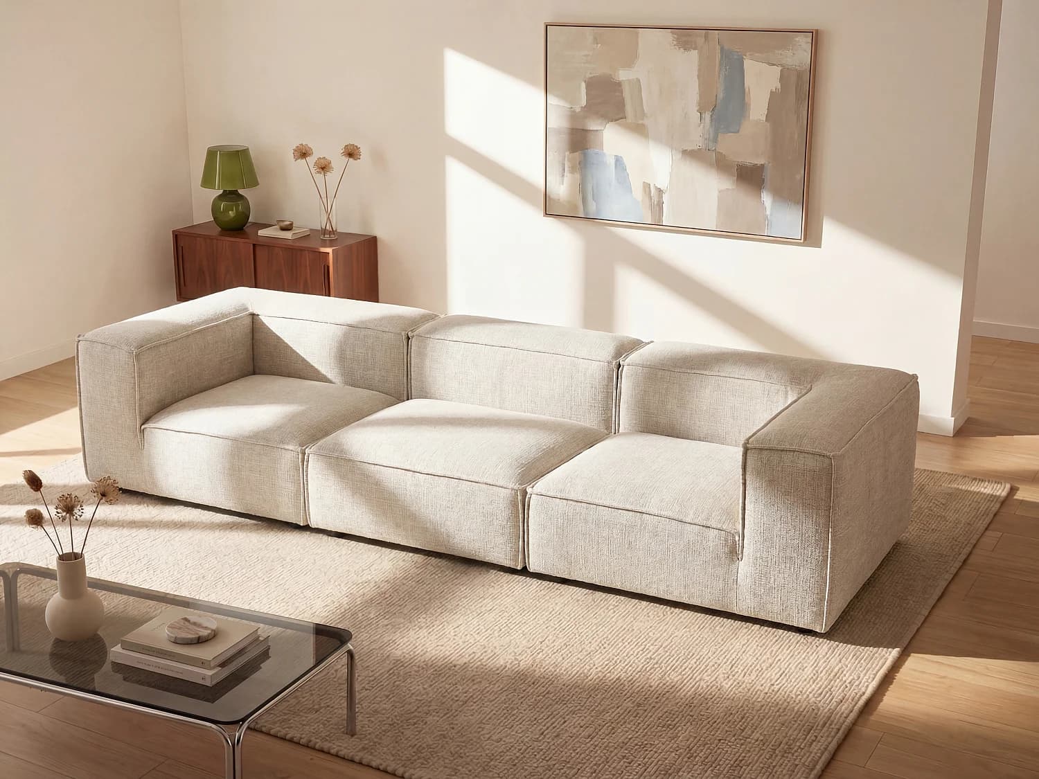 Canapé 4 places modulable en tissu chenille beige RUZOLO