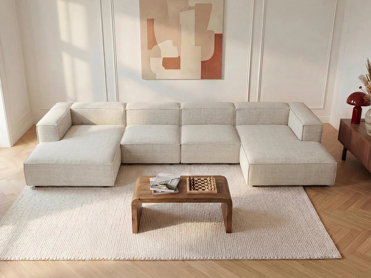 Canapé d'angle panoramique modulable en tissu chenille beige RUZOLO