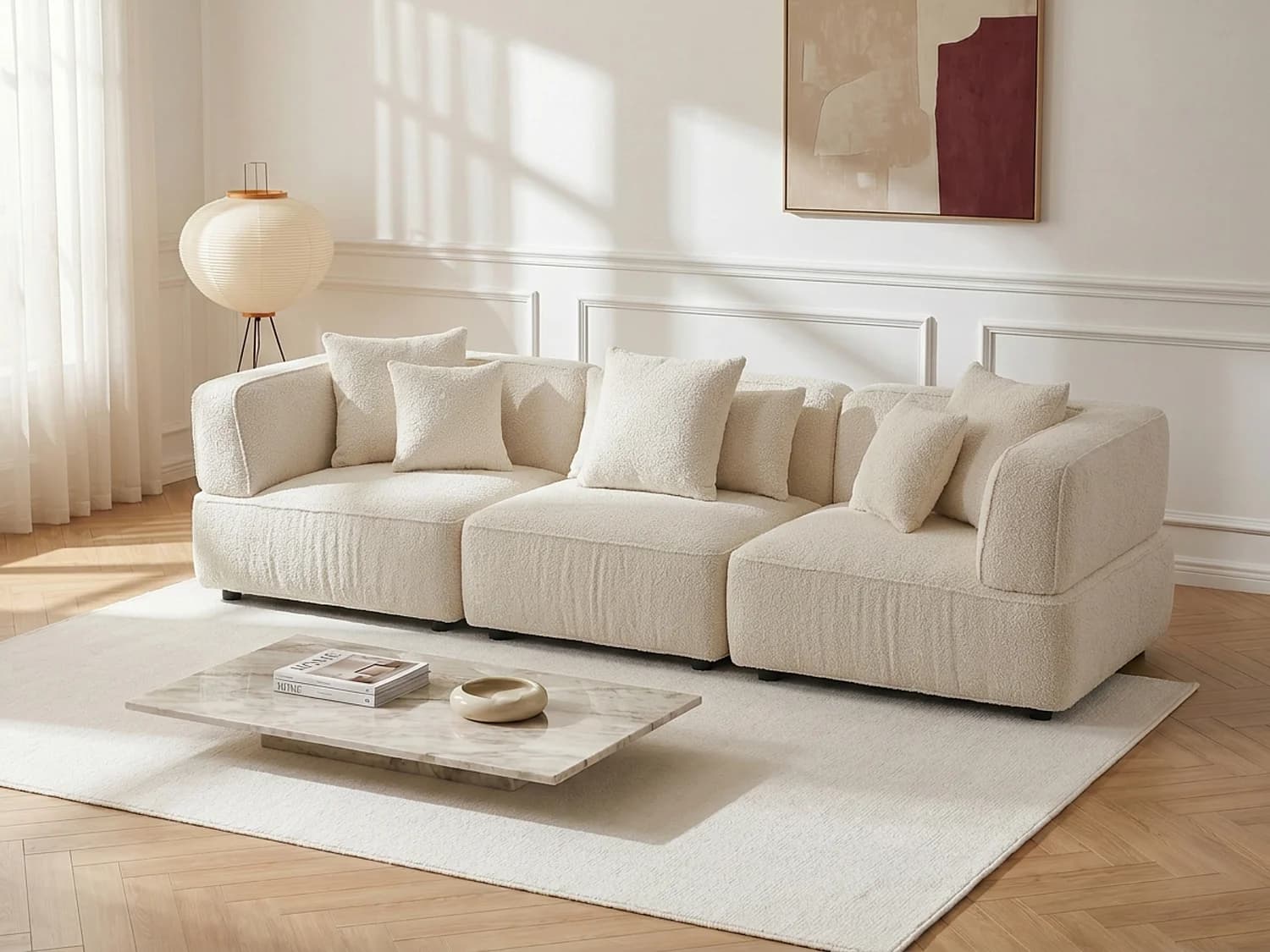 Canapé 4 places modulable en tissu bouclette blanc cassé LELACO