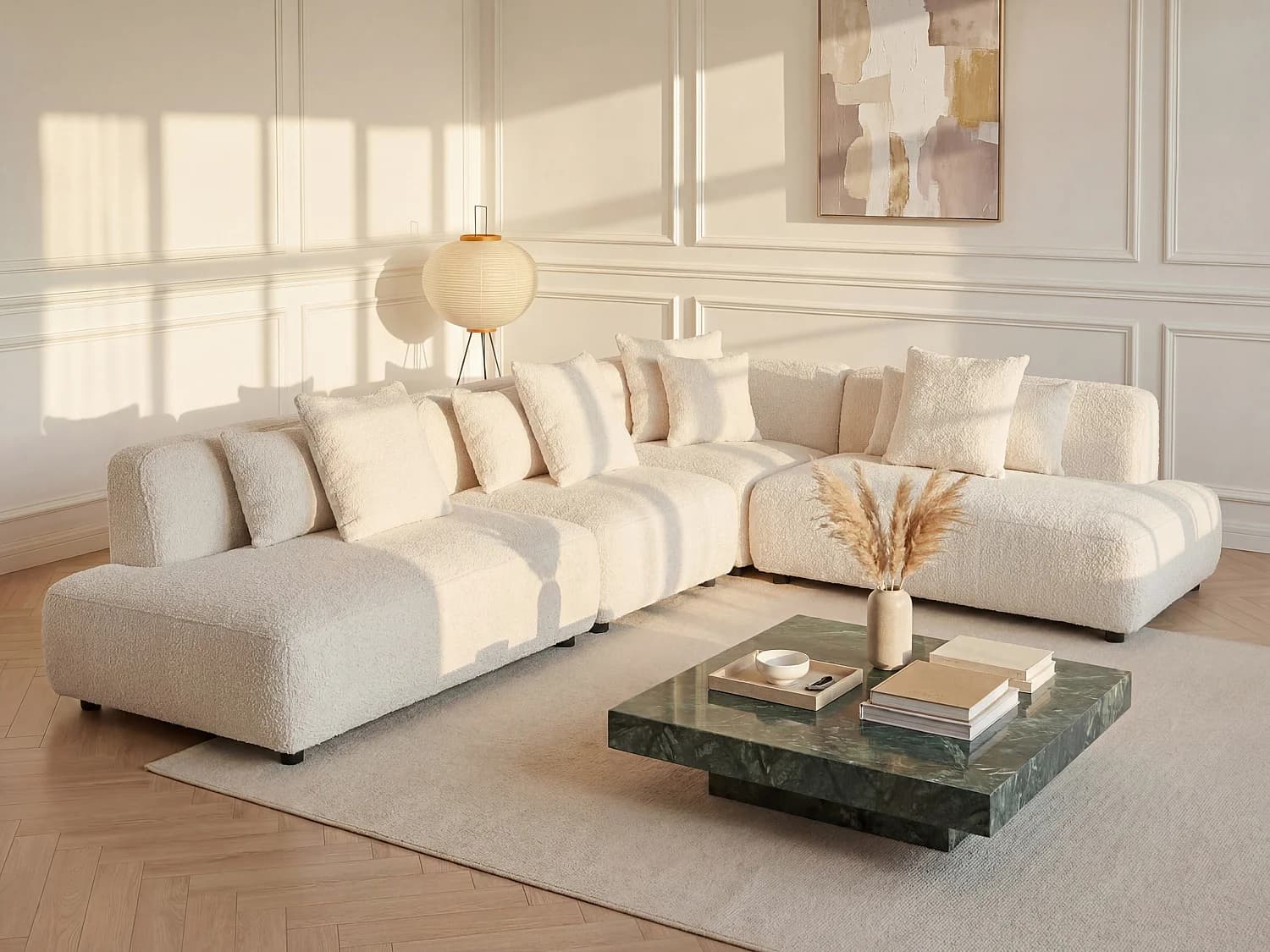 Canapé d'angle modulable en tissu bouclette blanc cassé LELACO
