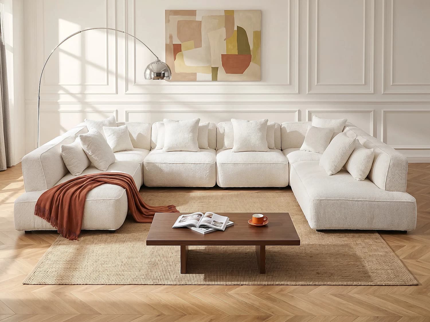 Canapé d'angle panoramique modulable en tissu bouclette blanc cassé LELACO