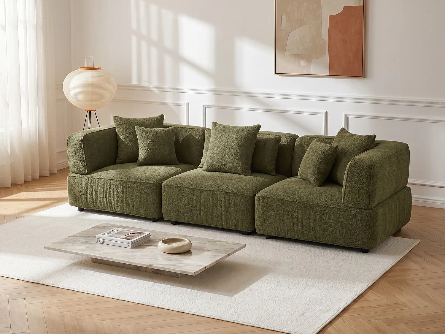 Canapé 4 places modulable en tissu bouclette vert kaki LELACO