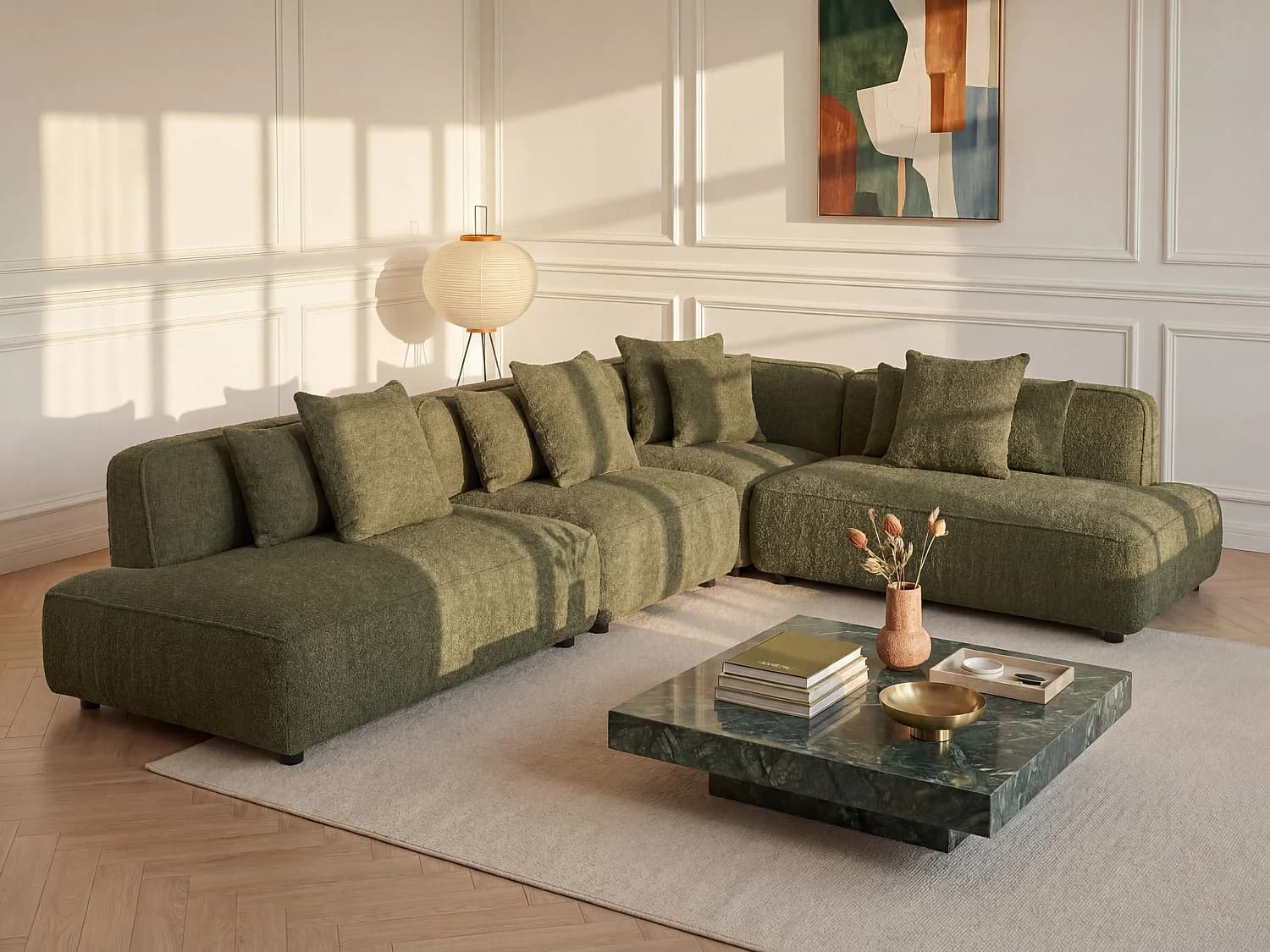 Canapé d'angle modulable en tissu bouclette vert kaki LELACO
