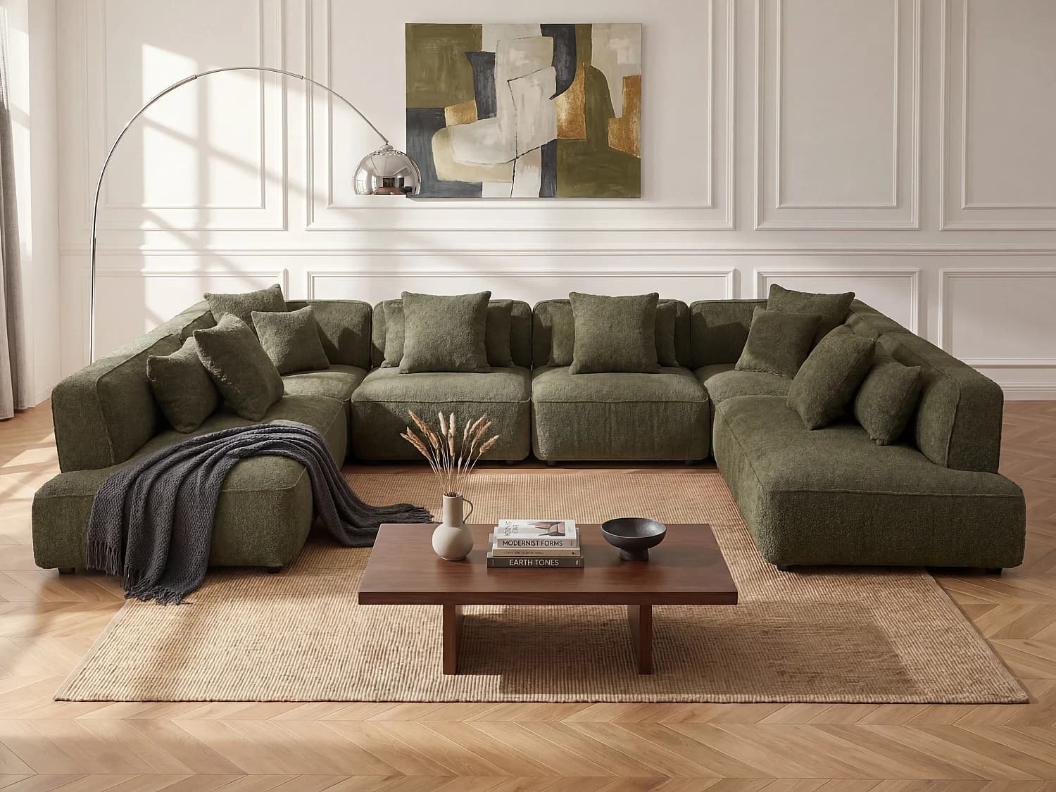 Canapé d'angle panoramique modulable en tissu bouclette vert kaki LELACO