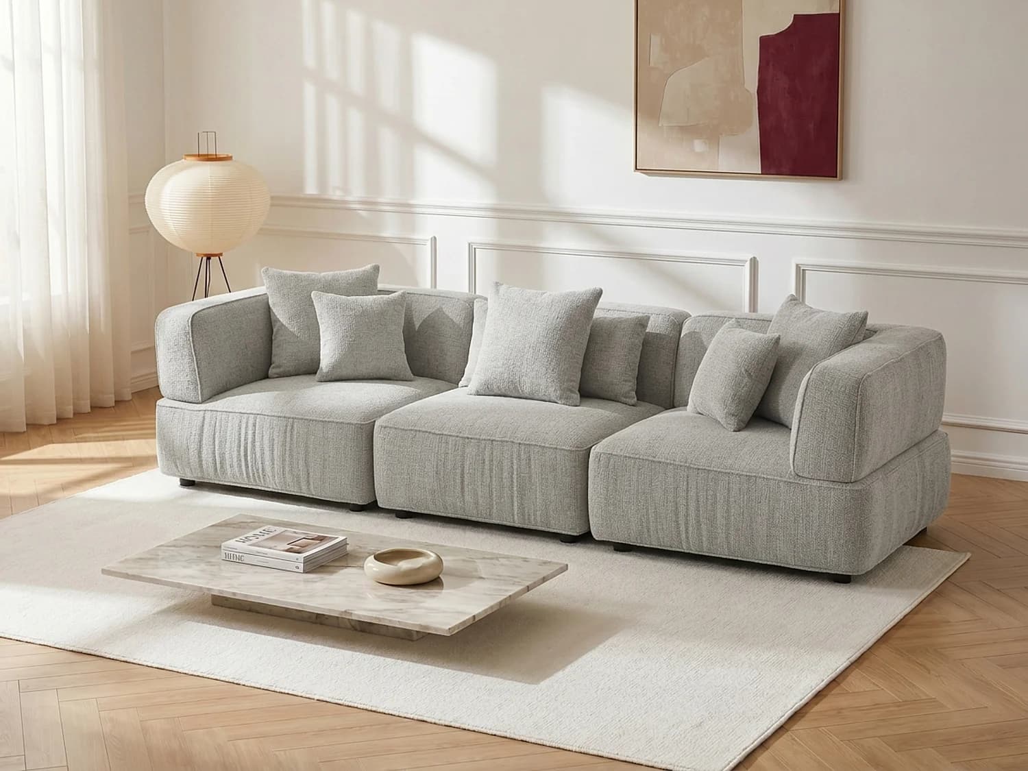 Canapé 4 places modulable en tissu chenille gris clair LELACO