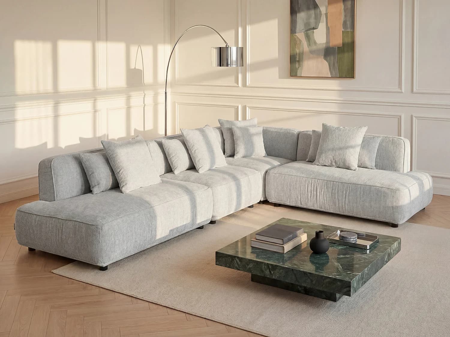 Canapé d'angle modulable en tissu chenille gris clair LELACO