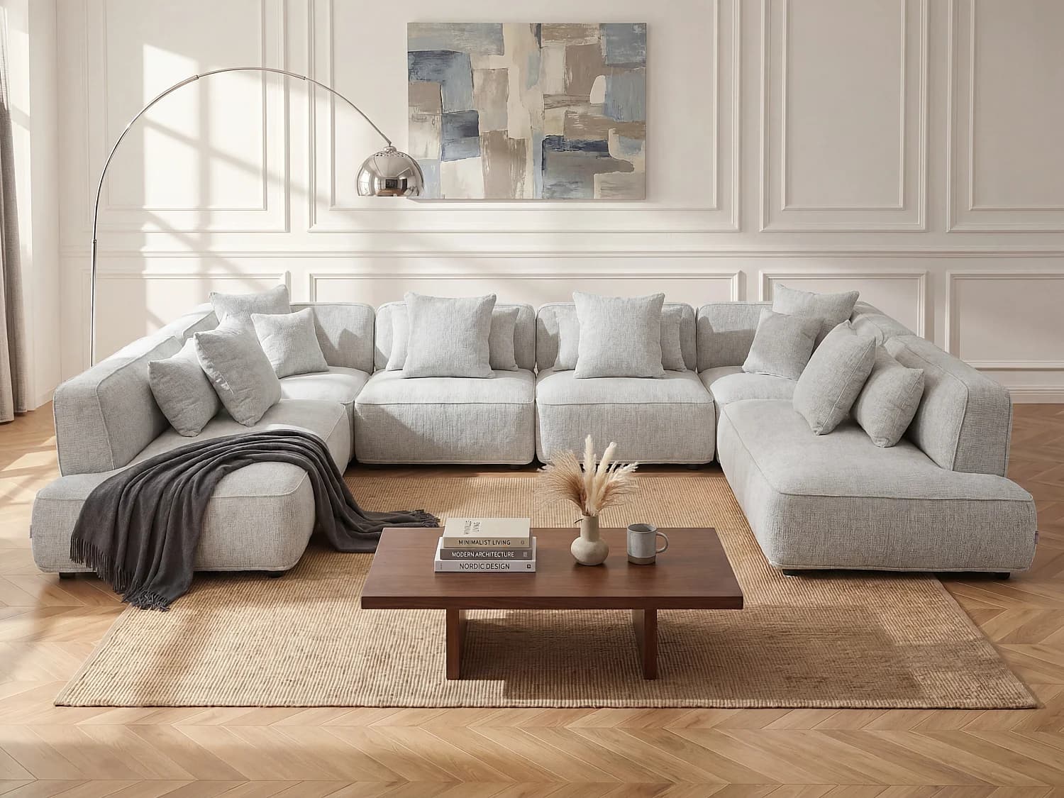 Canapé d'angle panoramique modulable en tissu chenille gris clair LELACO