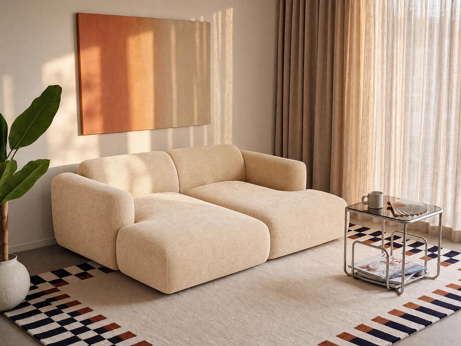 Canapé 2 places assise profonde modulable en velours côtelé fines côtes beige POGNI de Maison Céphy