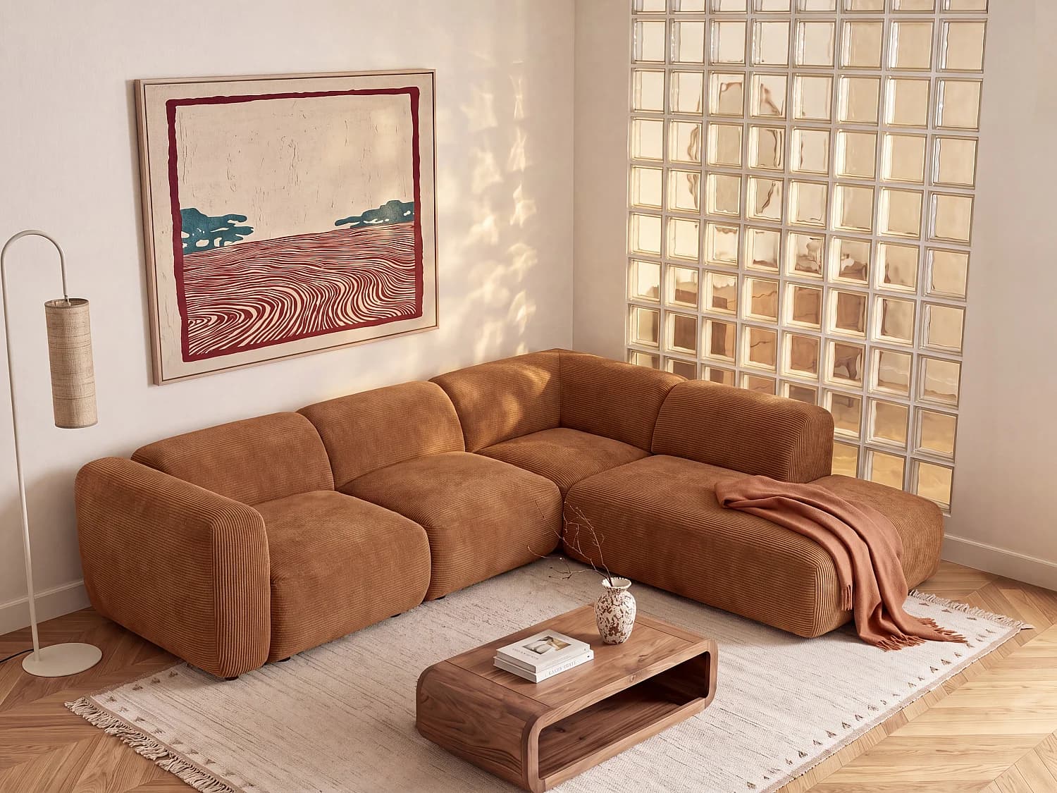 Grand canapé d'angle modulable avec dossier méridienne en velours côtelé fines côtes terracotta POGNI de Maison Céphy