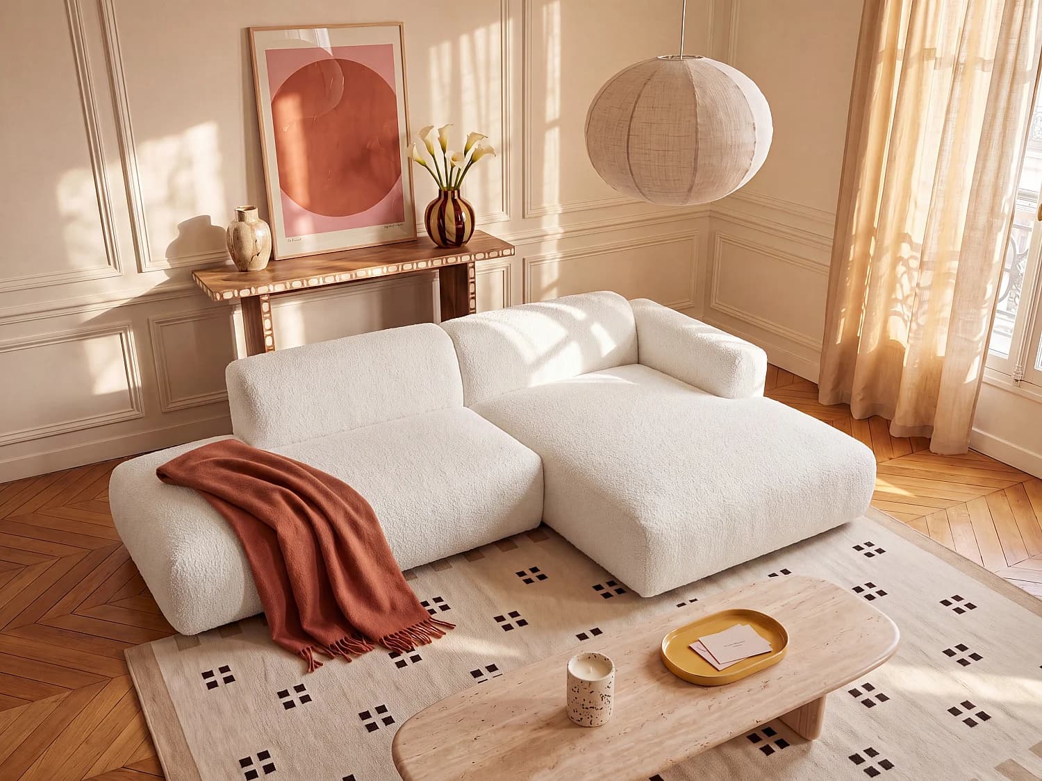 Canapé d'angle droit ouvert modulable en tissu bouclette blanc POGNI de Maison Céphy