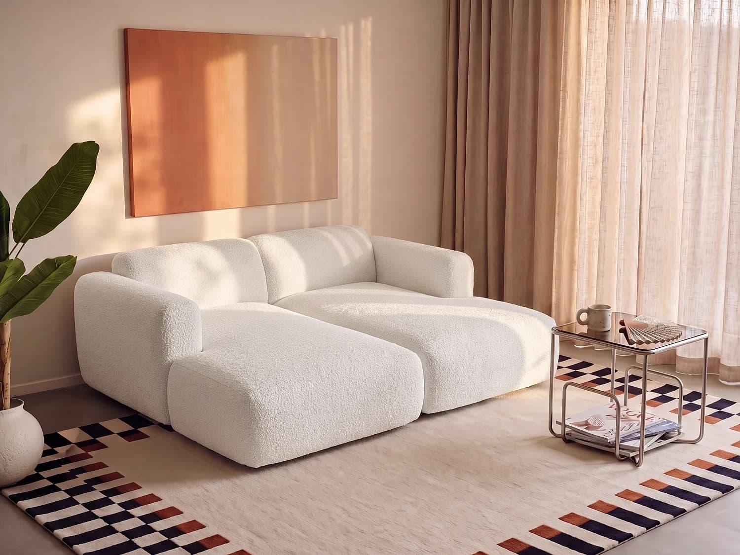Canapé 2 places assise profonde modulable en tissu bouclette blanc POGNI de Maison Céphy