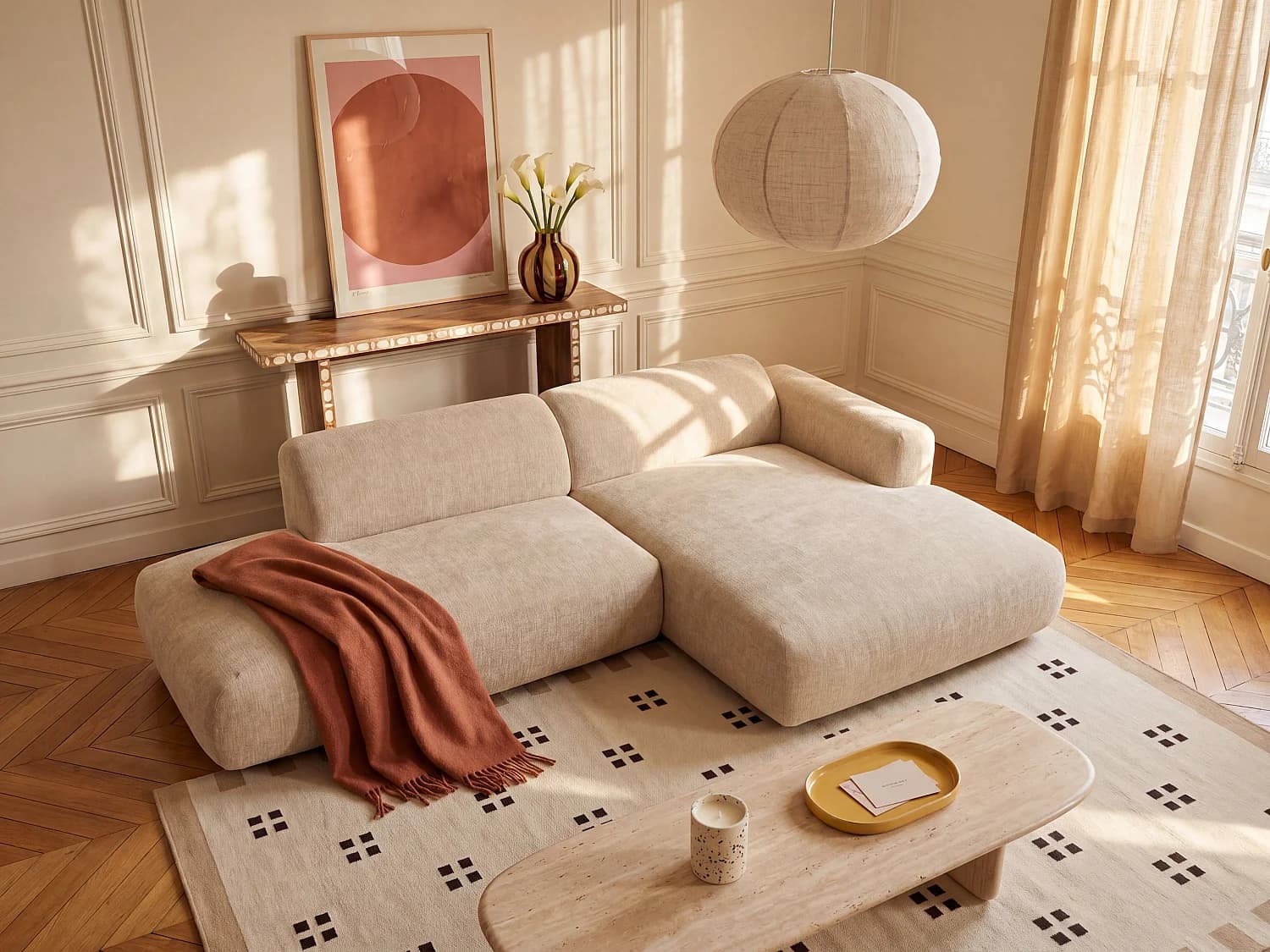 Canapé d'angle droit ouvert modulable en tissu beige POGNI de Maison Céphy