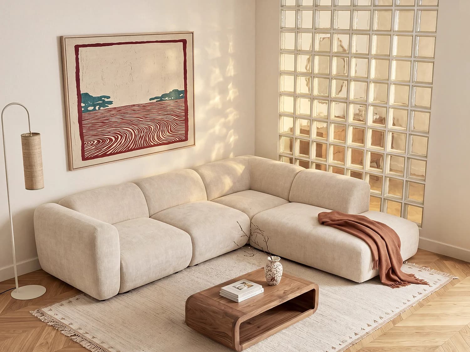 Grand canapé d'angle modulable avec dossier méridienne en tissu beige POGNI de Maison Céphy