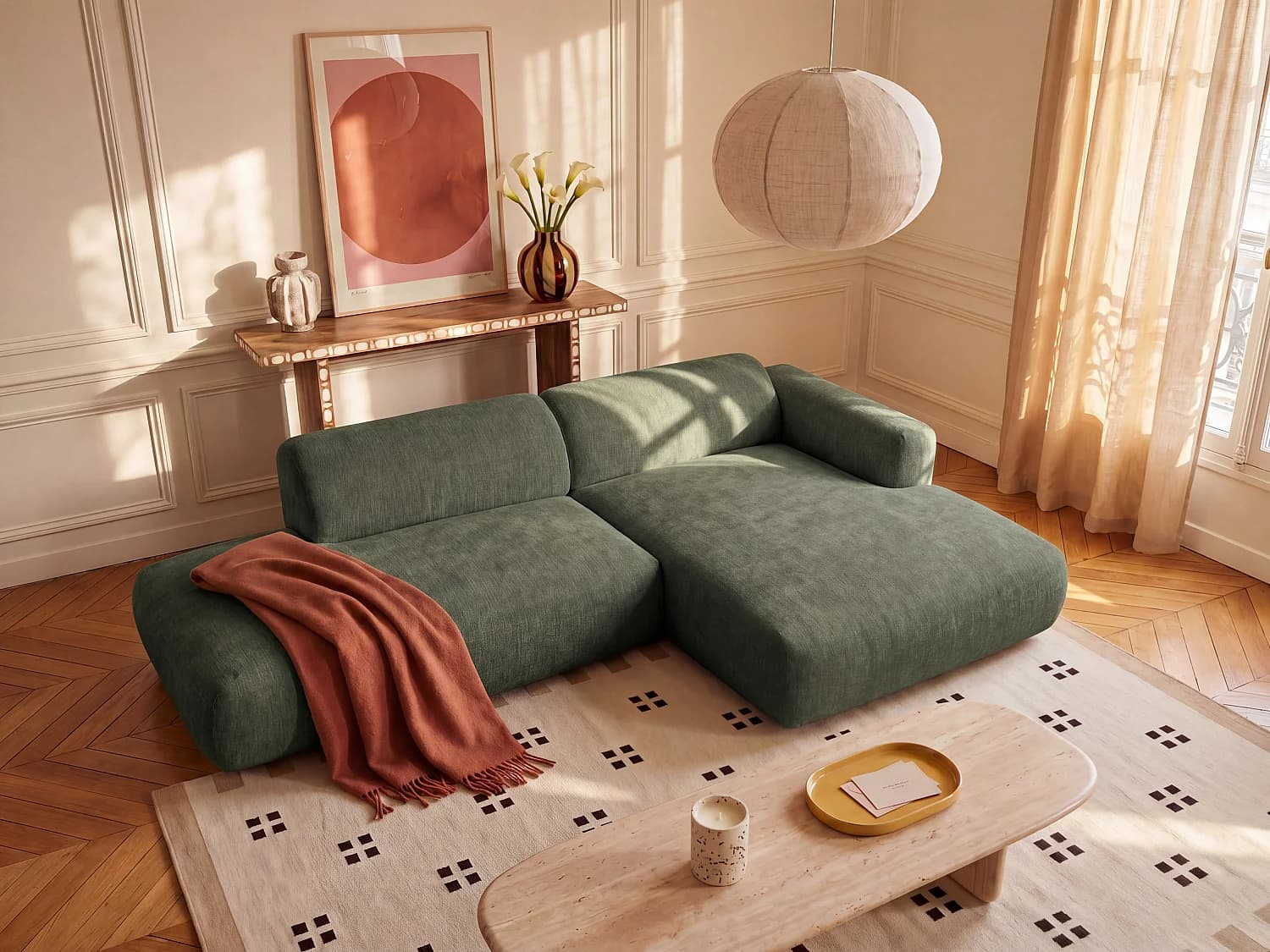 Canapé d'angle droit ouvert modulable en tissu vert POGNI de Maison Céphy
