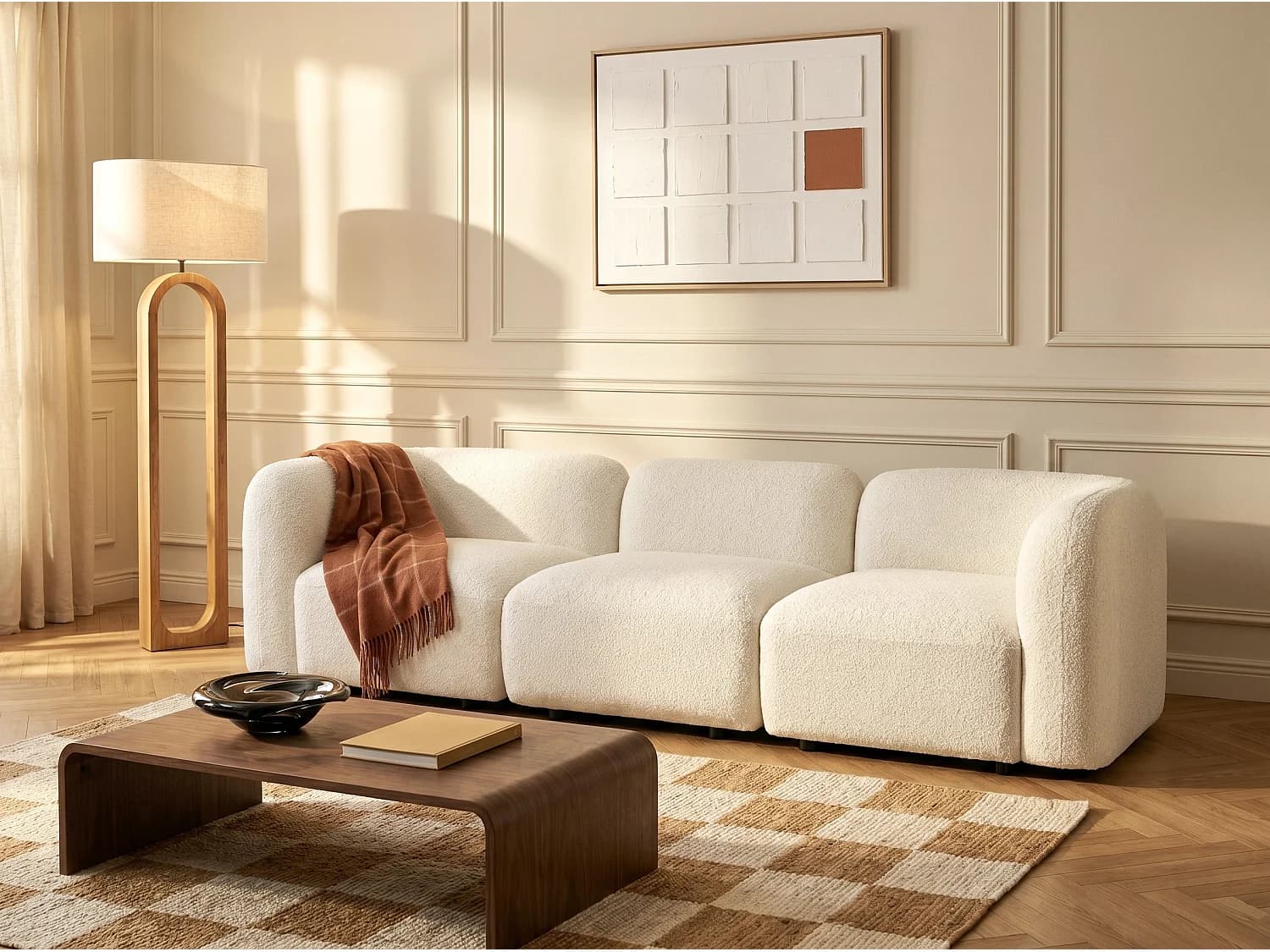 Canapé 3 places modulable en tissu bouclette blanc cassé DANEPI