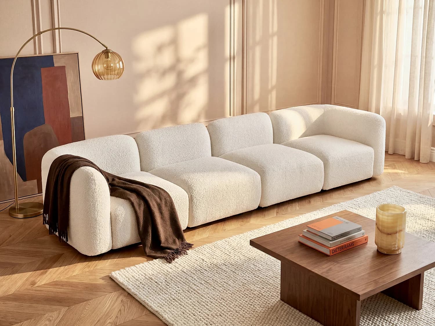 Canapé 5 places modulable en tissu bouclette blanc cassé DANEPI