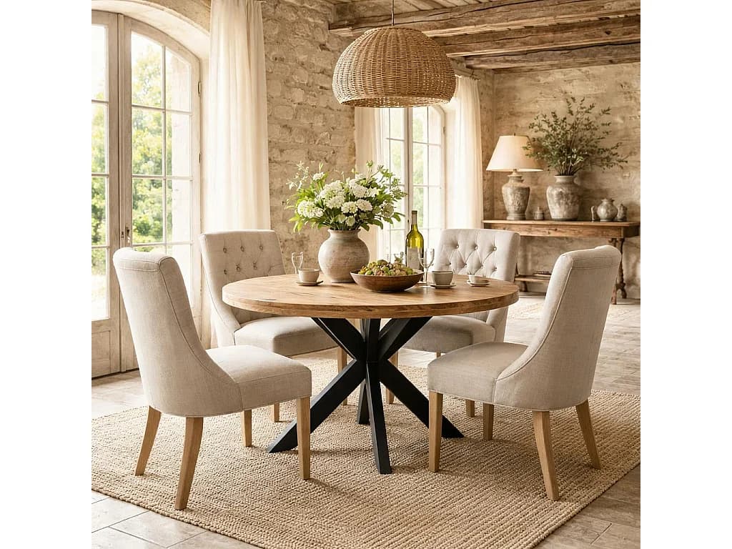 Table ronde bois clair pied croisé métal noir Ø150 cm RIVANO