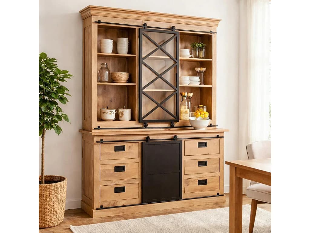 Vaisselier bois métal style atelier à portes coulissantes 160 cm CAMDEN