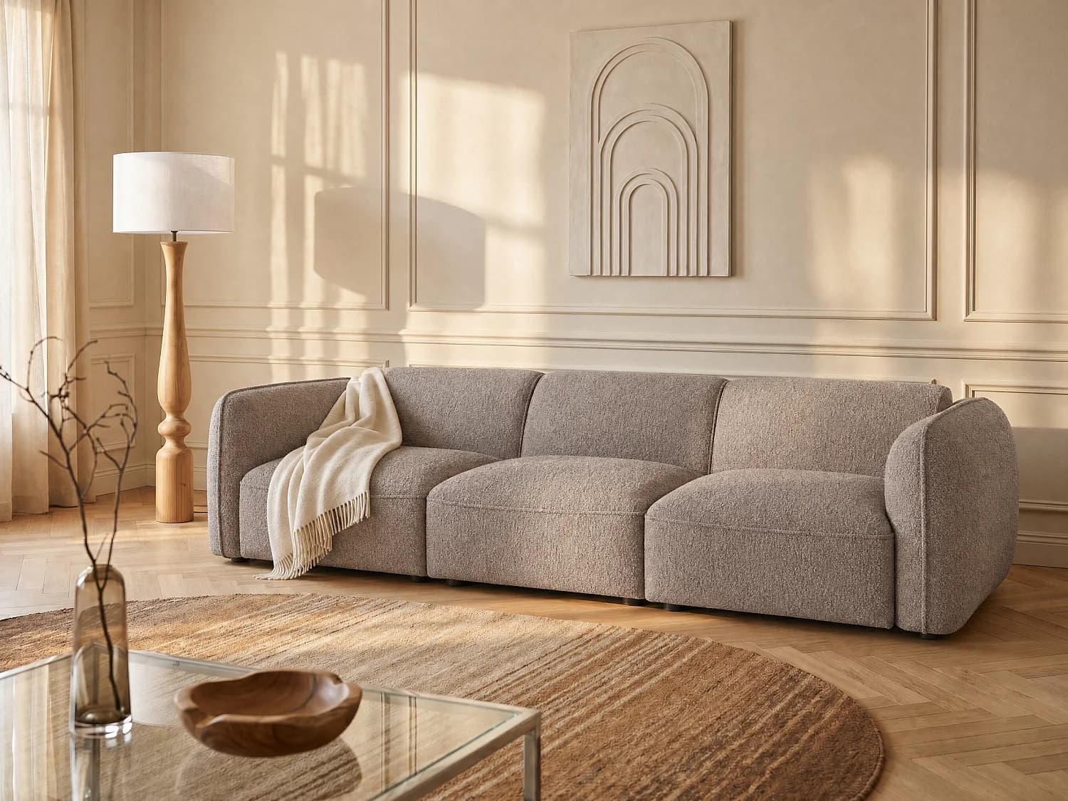Canapé modulable 3 places en tissu chenille taupe CAMILIO de Maison Céphy
