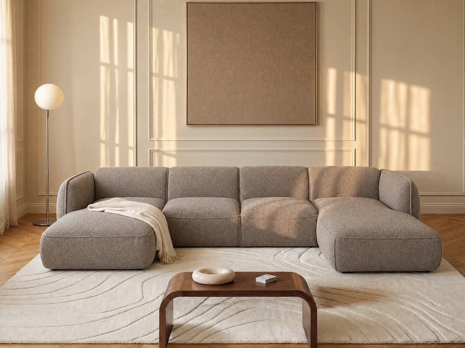 Canapé d'angle panoramique modulable en tissu chenille taupe CAMILIO de Maison Céphy