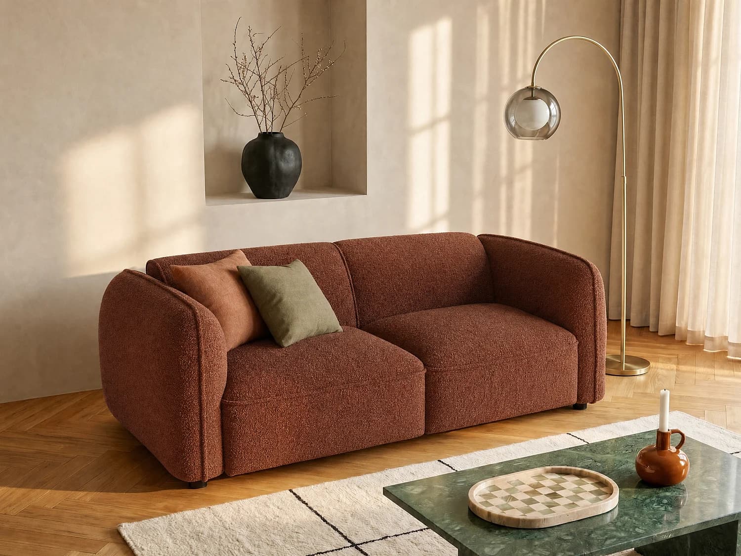Canapé modulable 2 places en tissu chenille terracotta CAMILIO de Maison Céphy