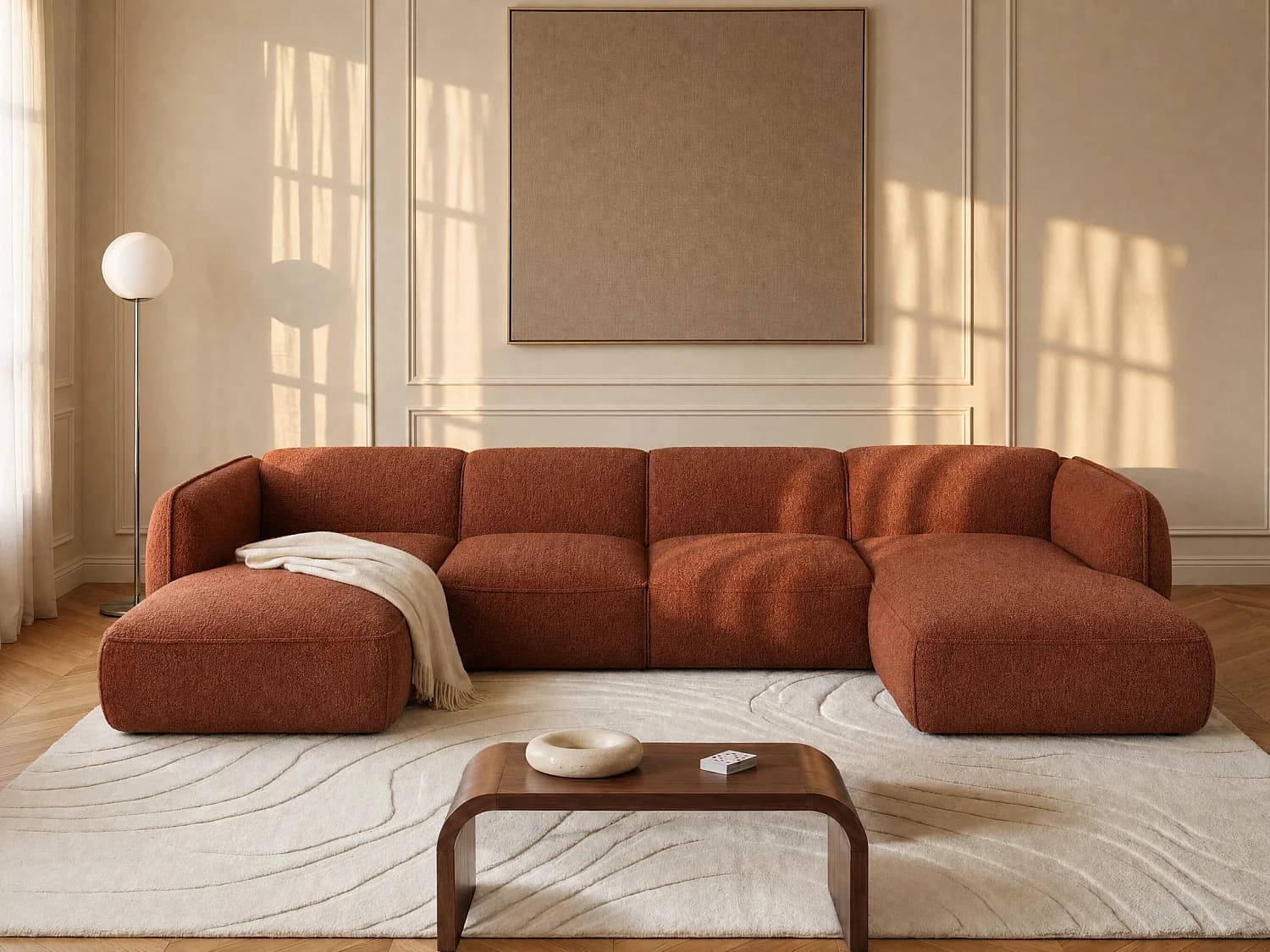 Canapé d'angle panoramique modulable en tissu chenille terracotta CAMILIO de Maison Céphy