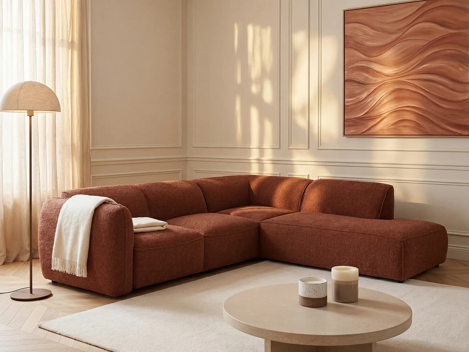 Canapé d'angle droit avec dossier modulable en tissu chenille terracotta CAMILIO de Maison Céphy