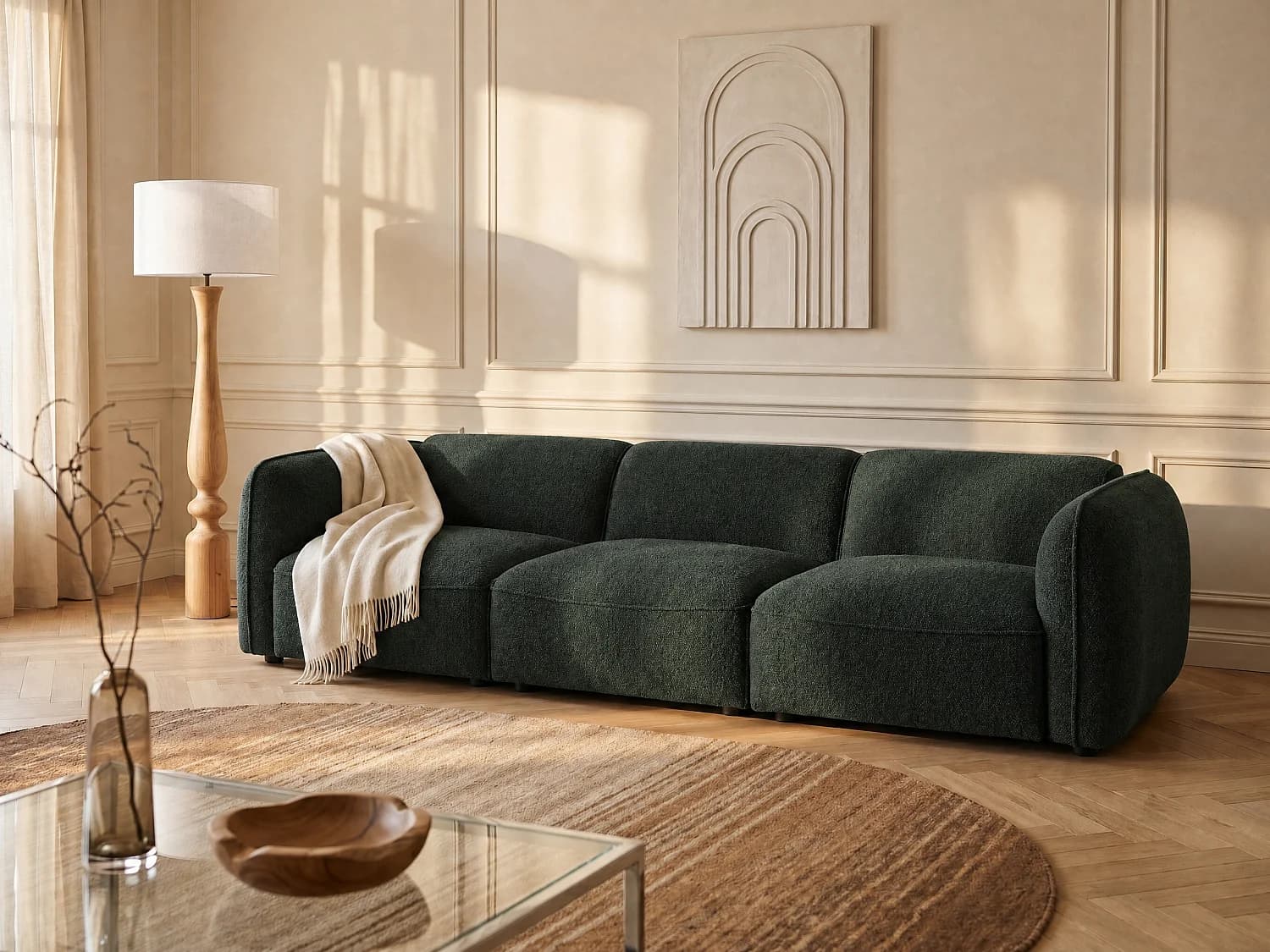 Canapé modulable 3 places en tissu chenille vert CAMILIO de Maison Céphy