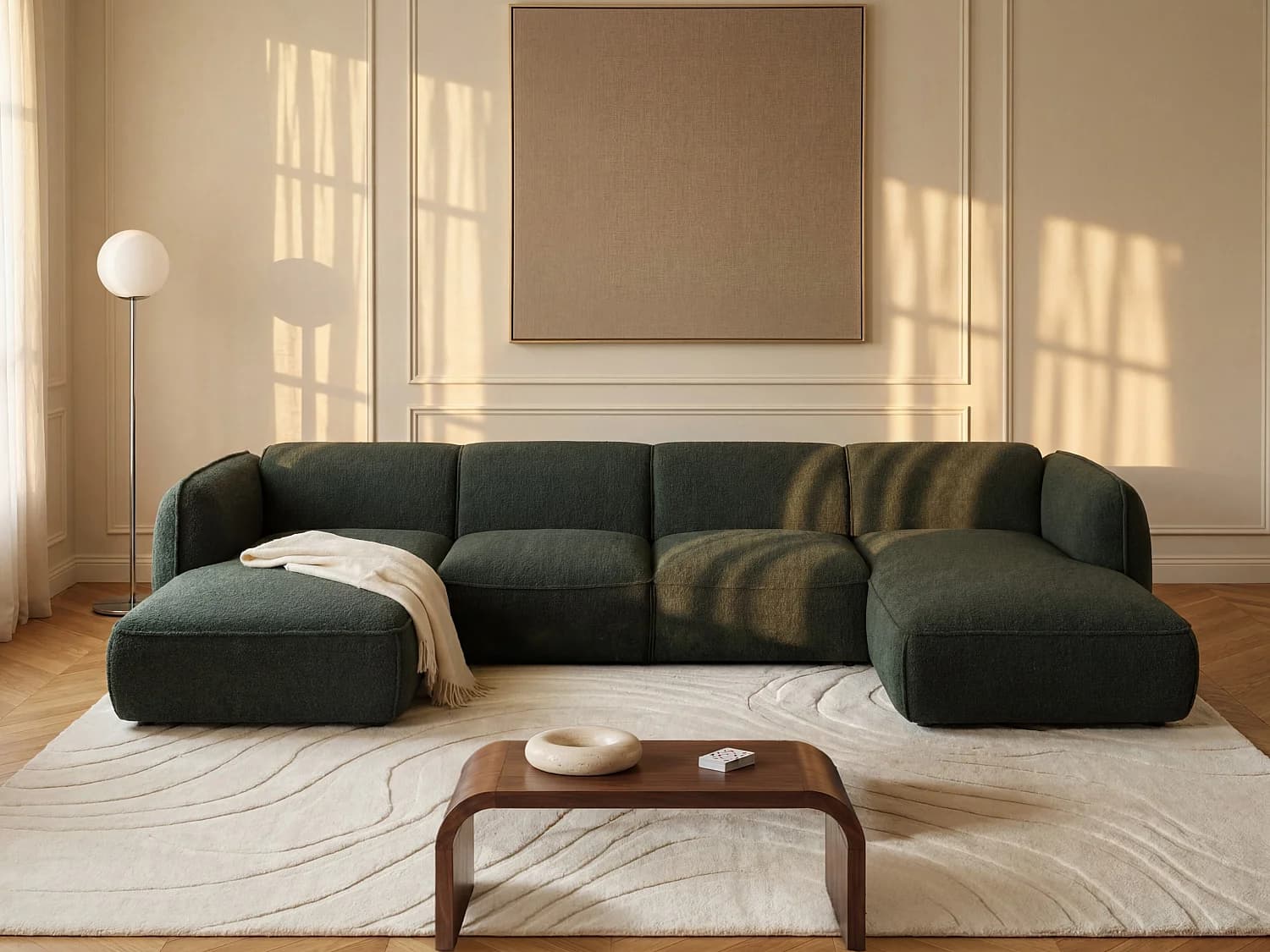Canapé d'angle panoramique modulable en tissu chenille vert CAMILIO de Maison Céphy