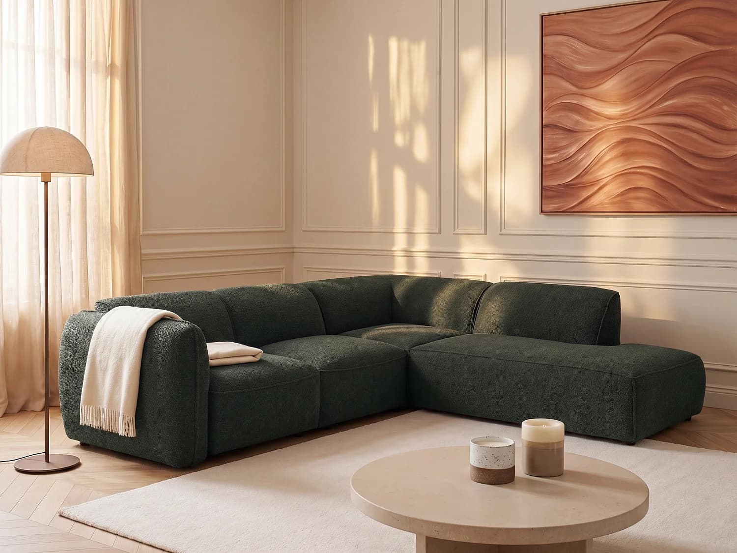 Canapé d'angle droit avec dossier modulable en tissu chenille vert CAMILIO de Maison Céphy