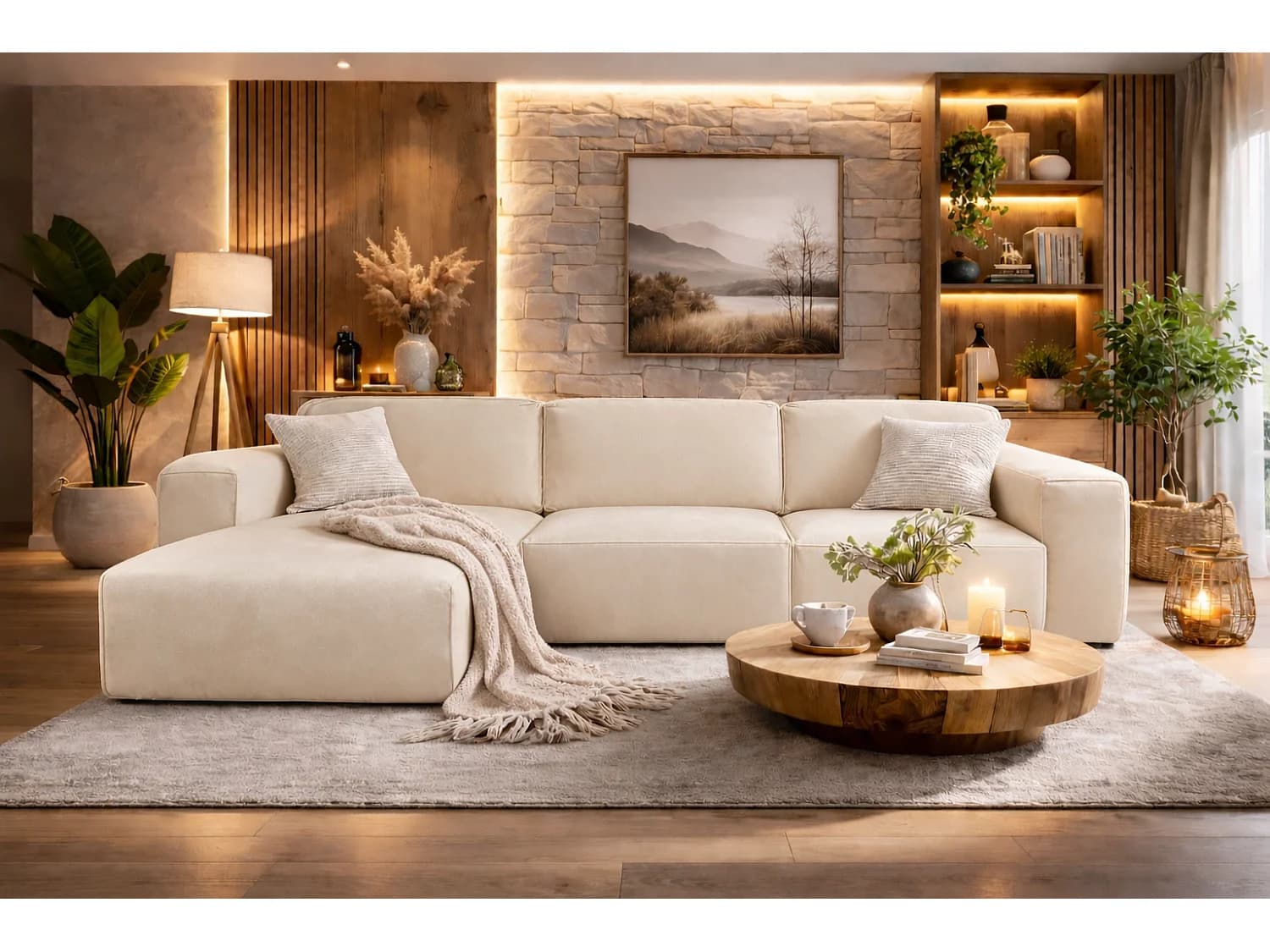 Canapé d’angle LUXOR L gauche convertible – canapé salon moderne, lit d’appoint, tissu beige, canapé familial confortable