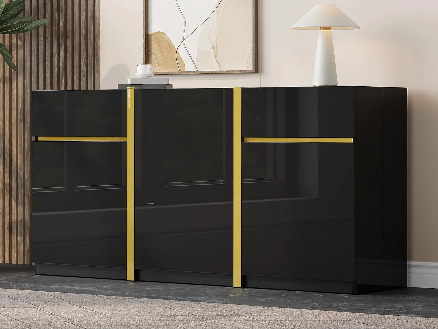Buffet laqué brillant 160x40x78 cm - Meuble de rangement moderne - 3 portes et 2 tiroirs - MDF - Noir