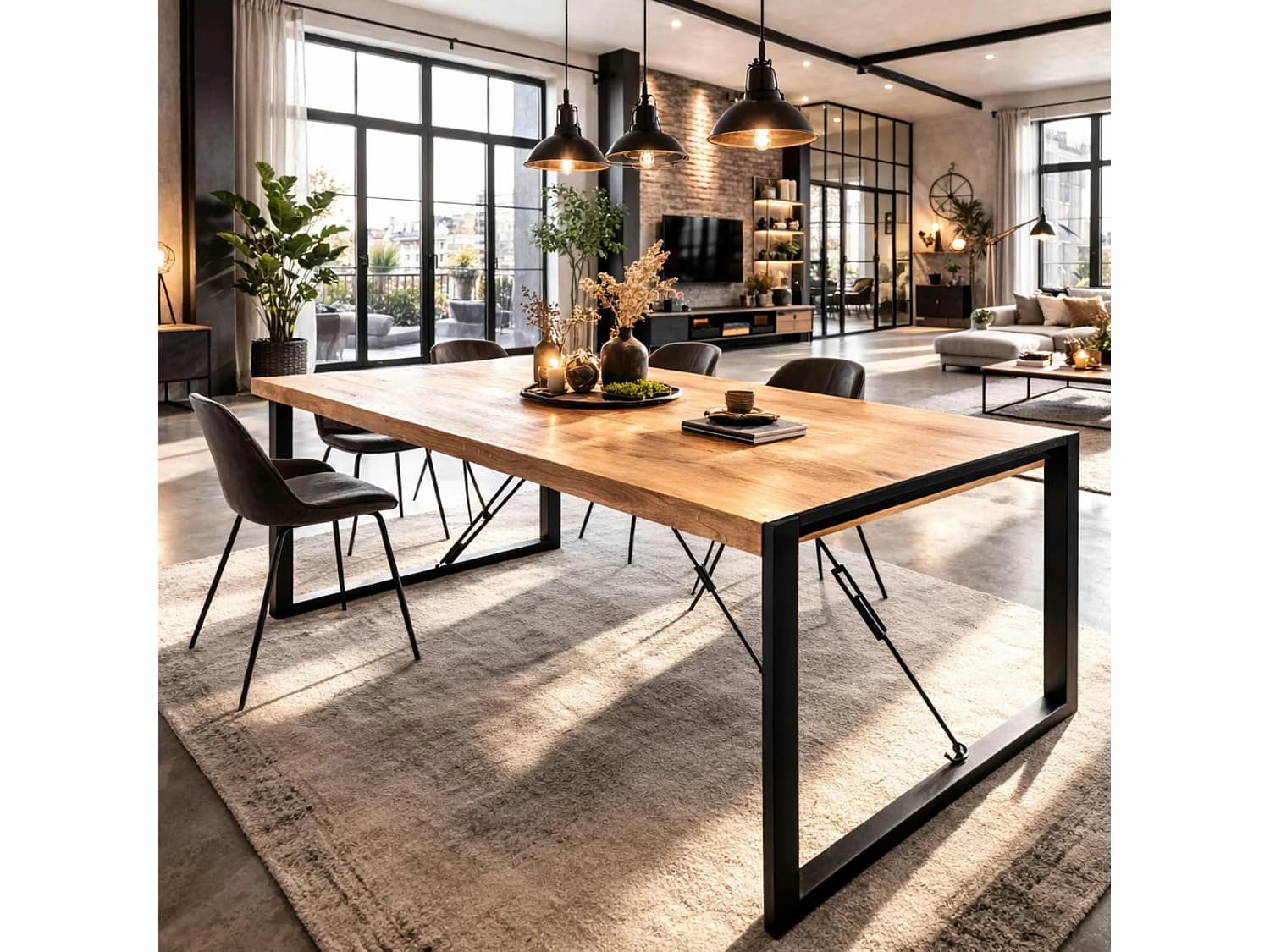 Table à manger bois clair à tendeurs noirs 200 cm MILORA