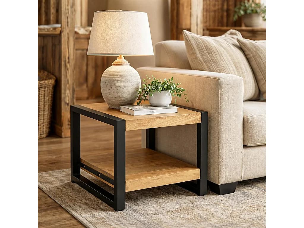 Table d'appoint carrée en bois clair et métal noir MILORA
