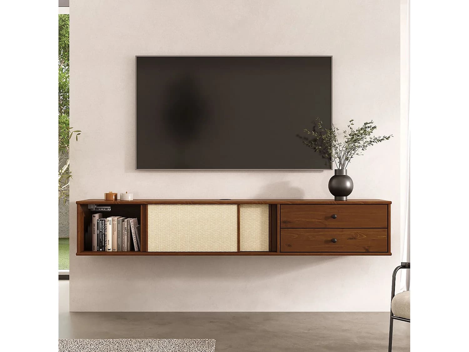 Meuble TV Suspendu SIMONA 175 cm avec 2 Tiroirs et 2 Portes Coulissantes en Rotin, En Bois Massif Coloris Châtaignier