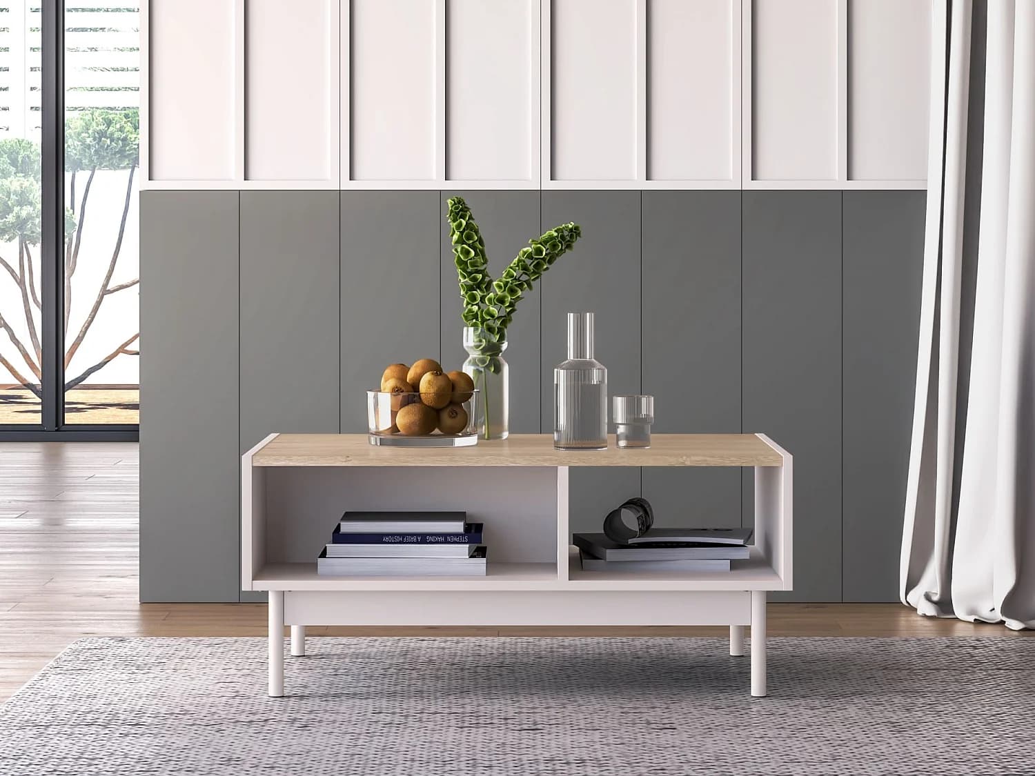 Table basse avec niches – gris cachemire/aspect chên – 90x60 cm – DUNEA