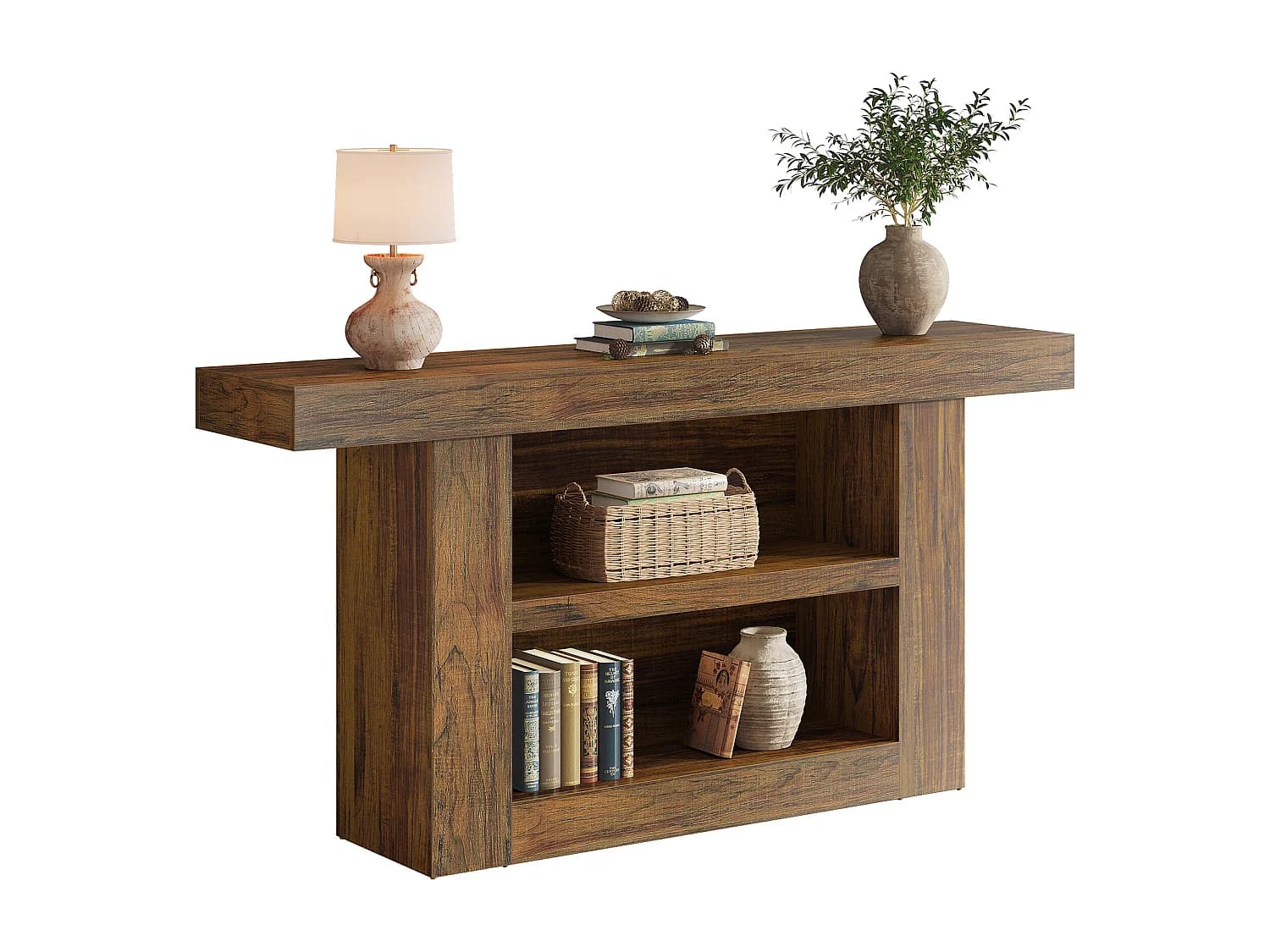 Console avec rangement, table d'entrée de style campagnard à 3 niveaux avec piètement en U, 160 cm