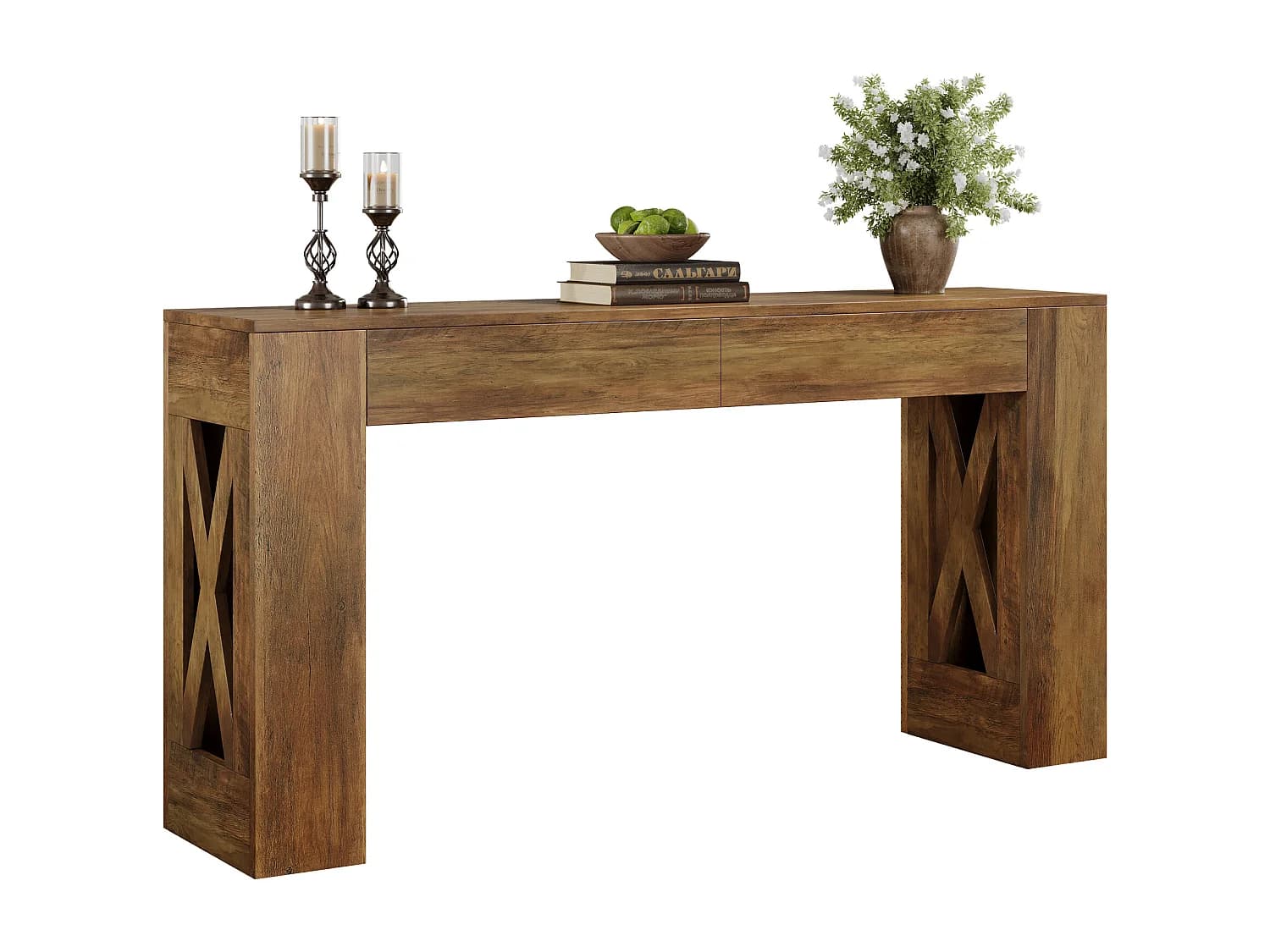 Console de 160 cm de long, table d'entrée de style campagnard avec 2 tiroirs et pieds en forme de X