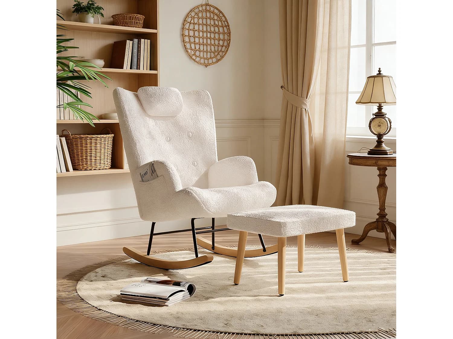 Fauteuil à bascule en tissu teddy velours, Rocking chair rembourré avec repose-pieds et appui-tête, blanc