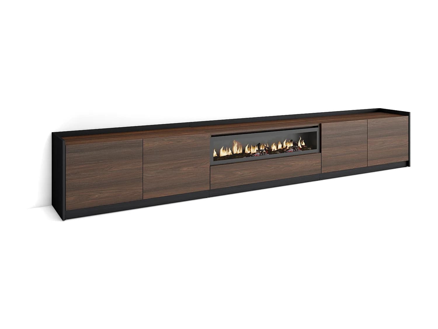 Meuble TV, Banc Télé, 310x50x37 cm, Pour les TV jusqu'à 80", Cheminée électrique, Chêne foncé et Noir