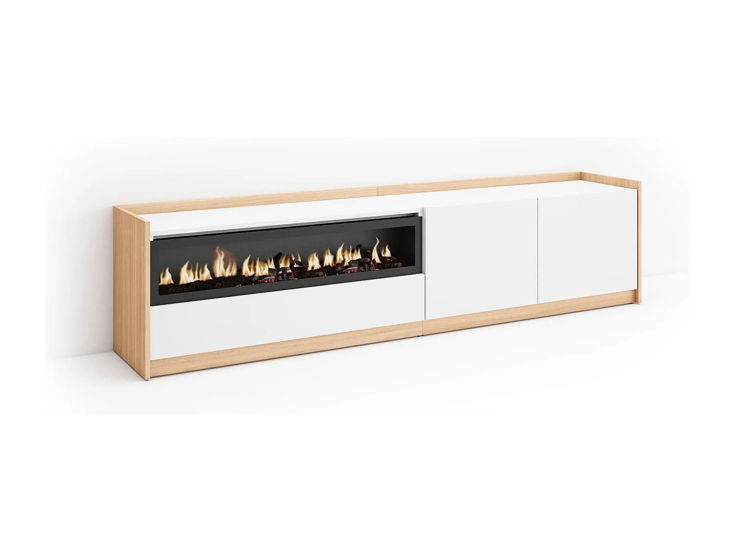 Meuble TV, Banc Télé, 207x50x37 cm, Pour les TV jusqu'à 80", Cheminée électrique, Blanc et Chêne Soft