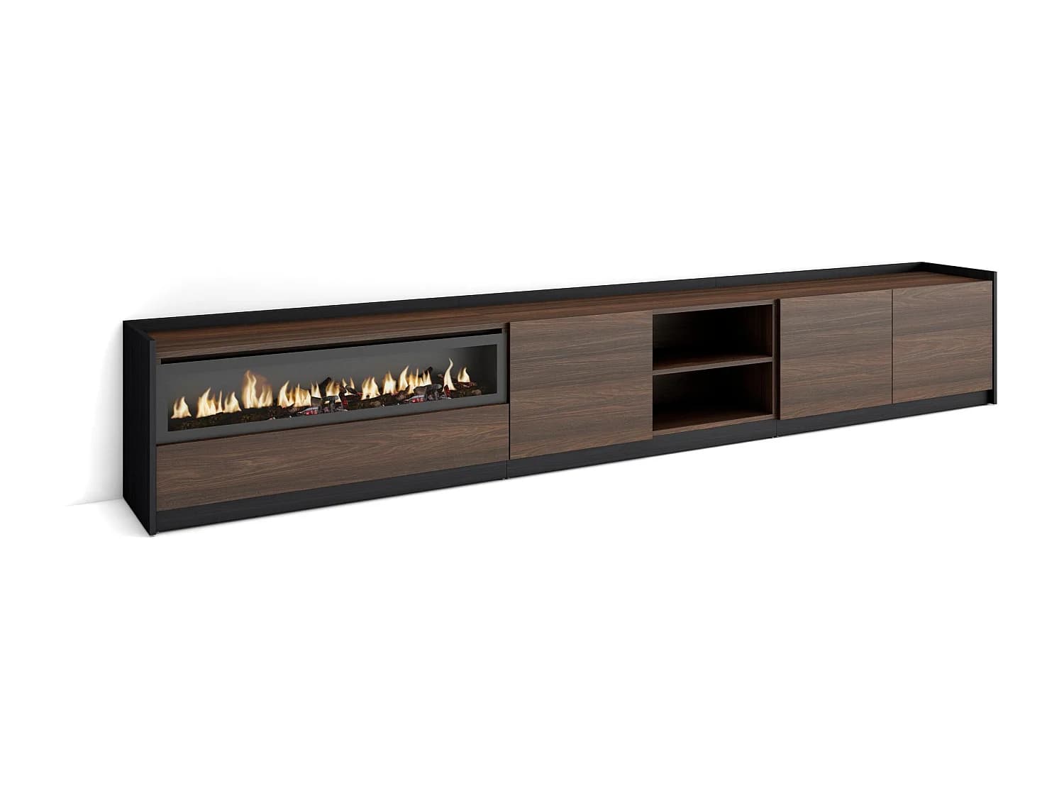 Meuble TV, Banc Télé, 310x50x37 cm, Pour les TV jusqu'à 80", Cheminée électrique, Chêne foncé et Noir