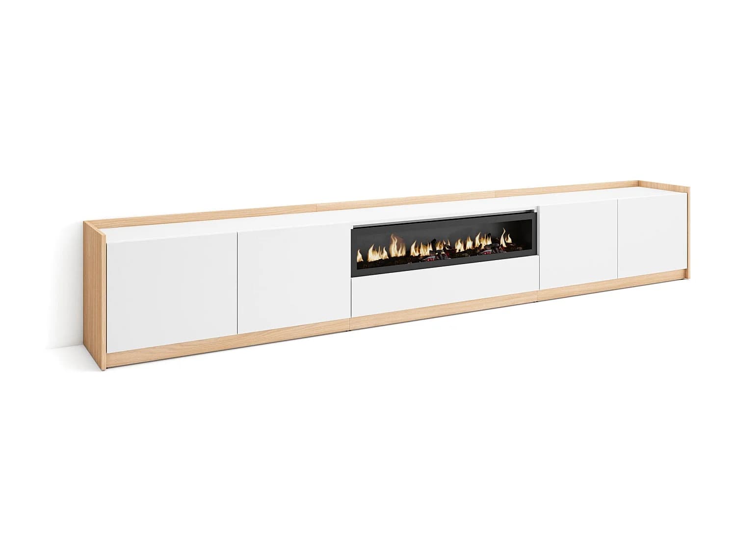 Meuble TV, Banc Télé, 310x50x37 cm, Pour les TV jusqu'à 80", Cheminée électrique, Blanc et Chêne Soft