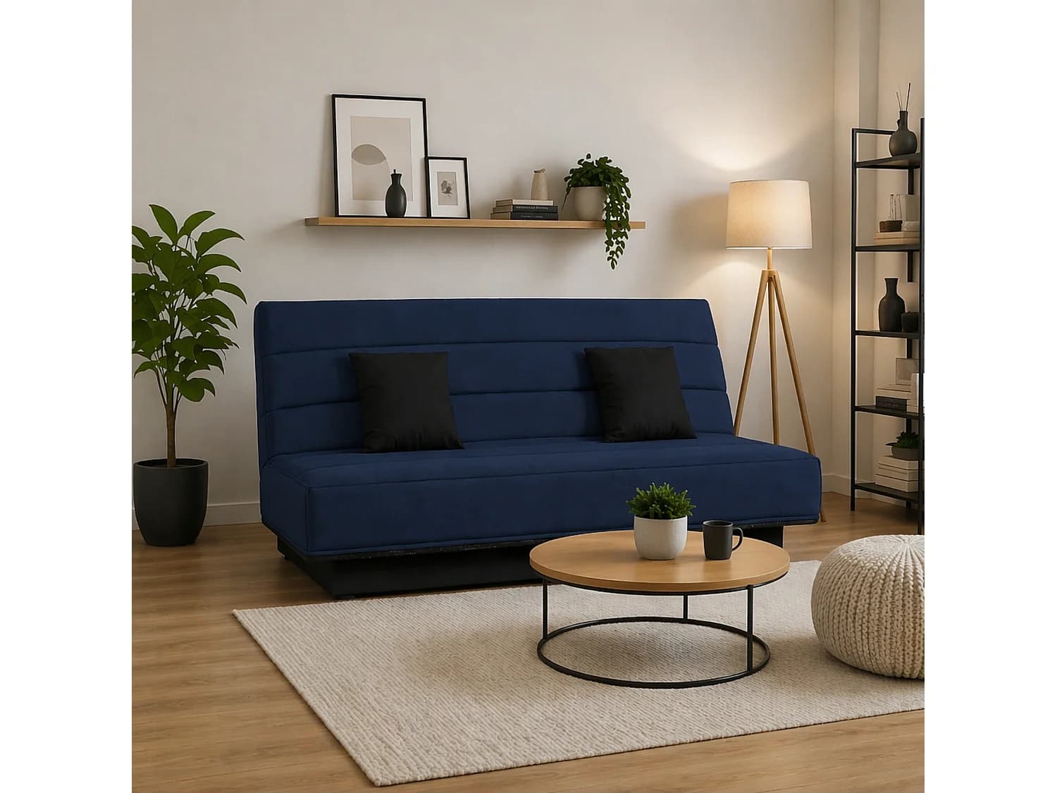 Banquette Clic-Clac MELISSA 120x190 cm Tissu Bleu Marine, Mousse Polyéther 20kg/m3, Convertible BZ Sans Rangement