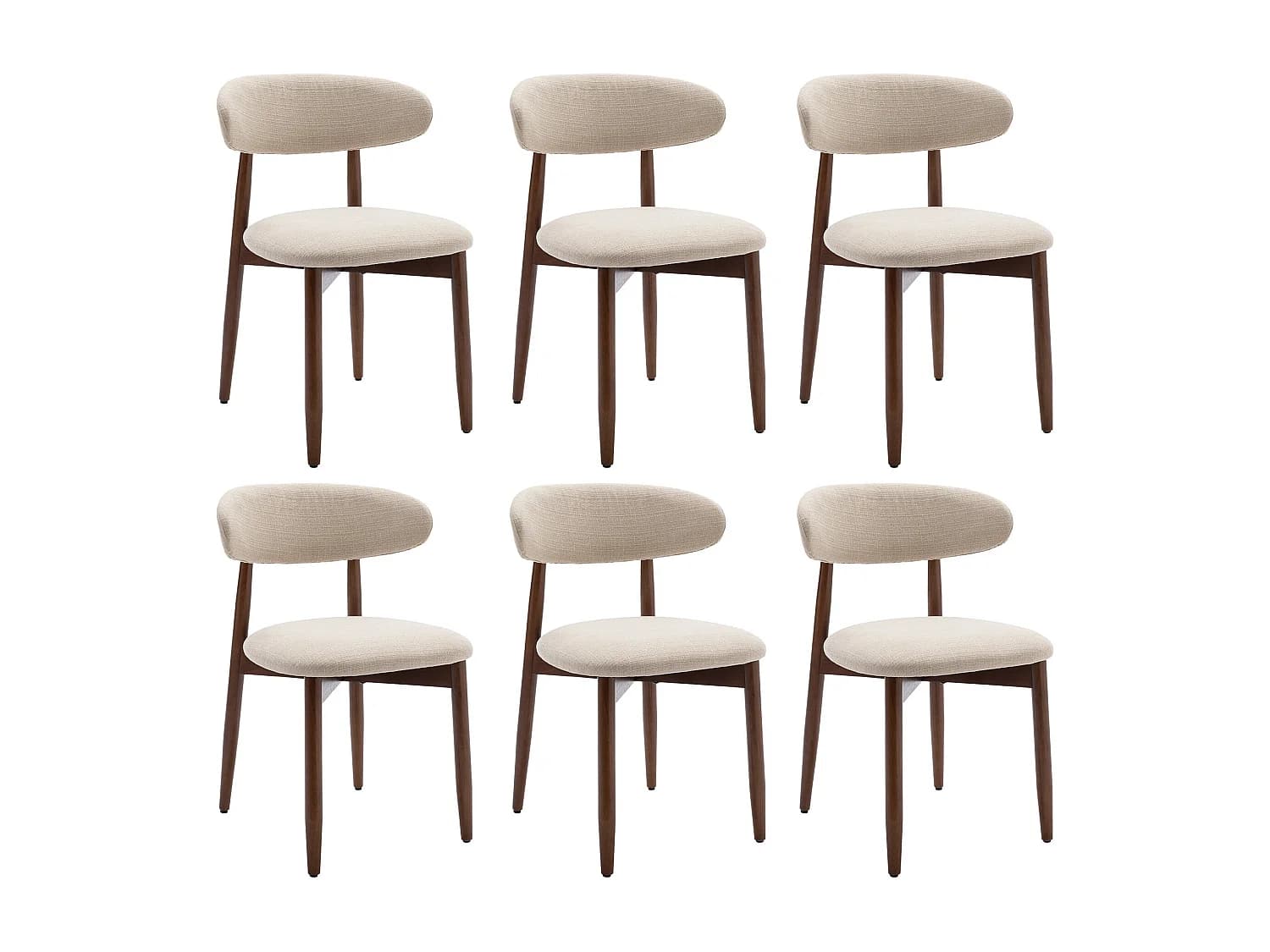 Lot de 6 chaises de salle à manger beige - Pieds en bois massif, dossier incurvé, assise en tissu