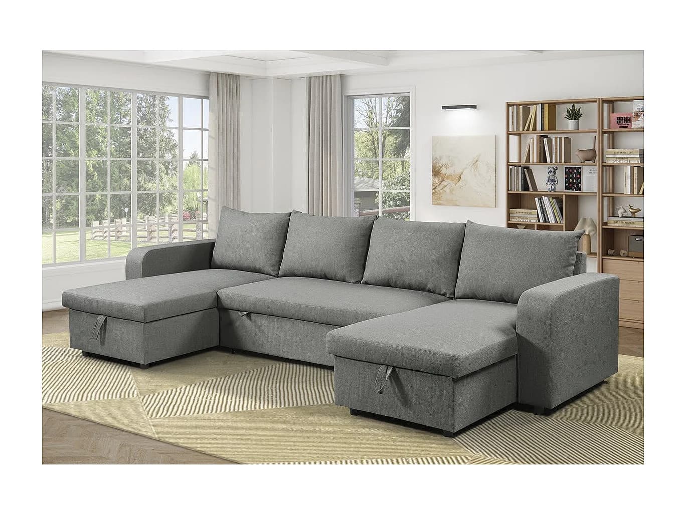 Canapé d'angle panoramique convertible en tissu "Victor" - 4 places - Gris